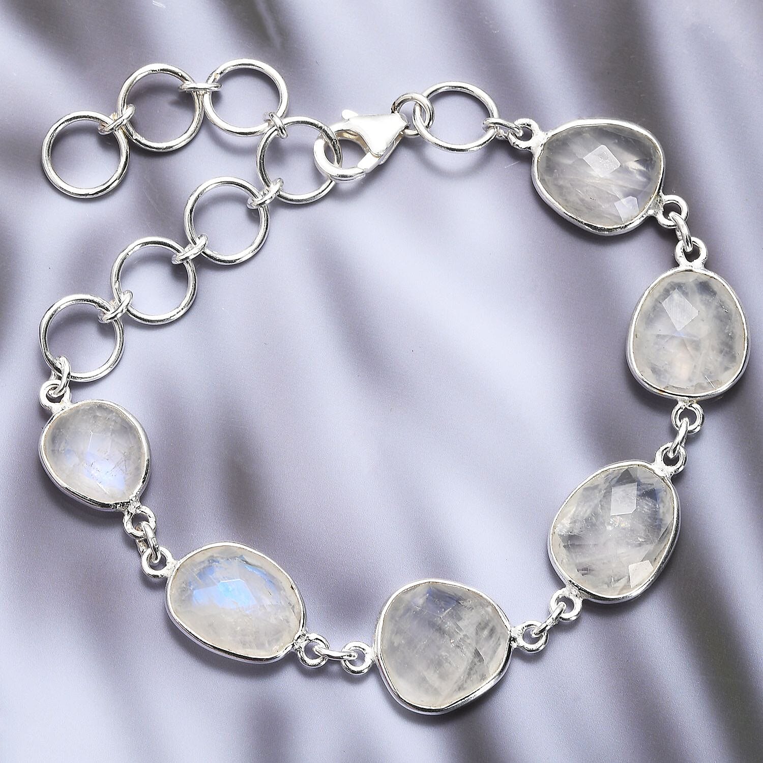 Artisan Crafted Rainbow Moonstone Bracelet (Size 8 with Extender) in Sterling Silver 30.98 Ct.