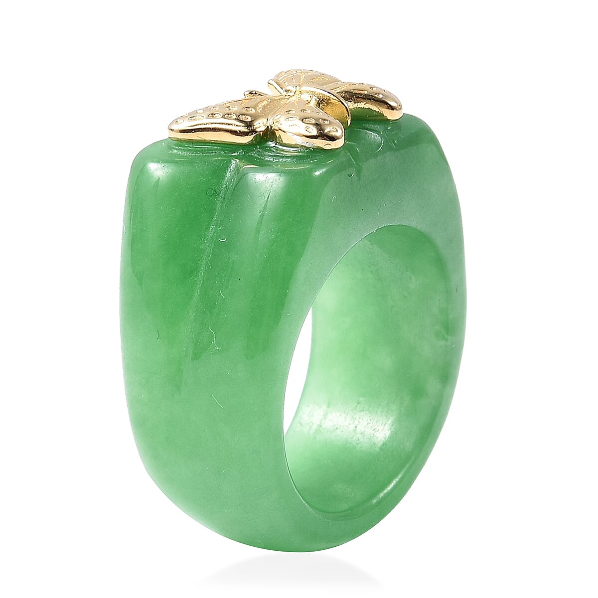 Carved Green Jade Butterfly Ring in Yellow Gold Overlay Sterling Silver 48.50 Ct.