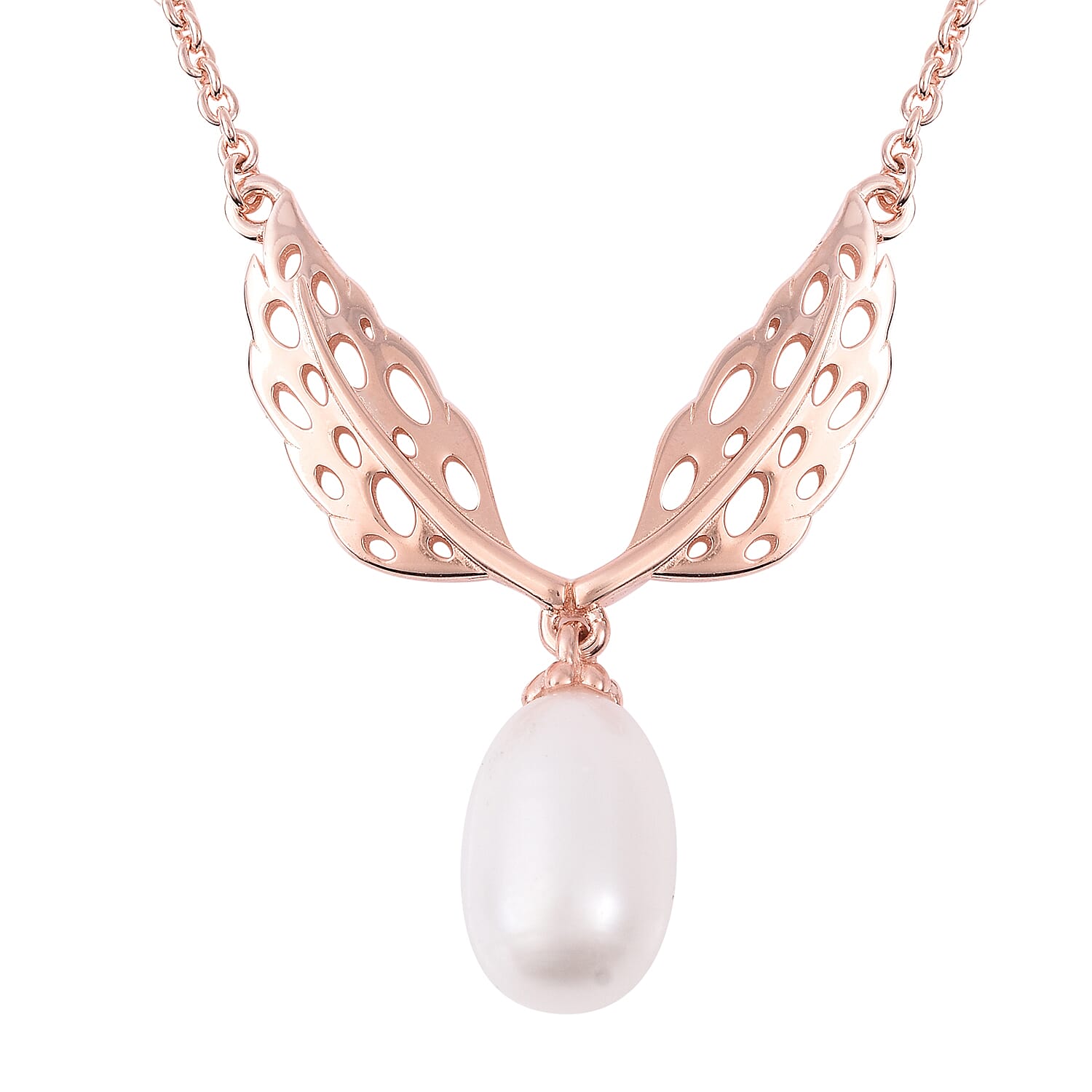 RACHEL GALLEY Freshwater White Pearl Lattice Feather Drop Necklace (Size 24) in Rose Gold Overlay Sterling Silver