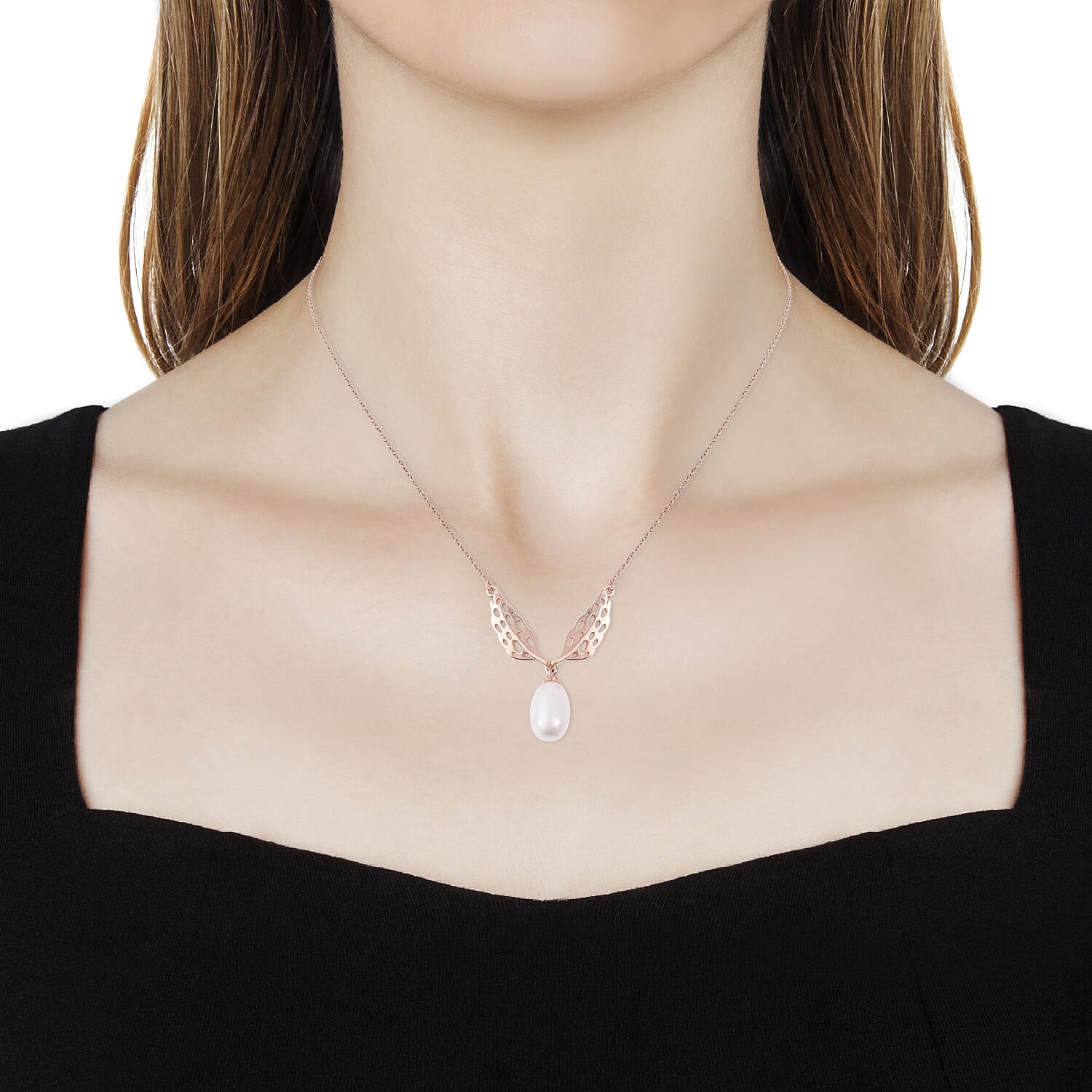 RACHEL GALLEY Freshwater White Pearl Lattice Feather Drop Necklace (Size 24) in Rose Gold Overlay Sterling Silver