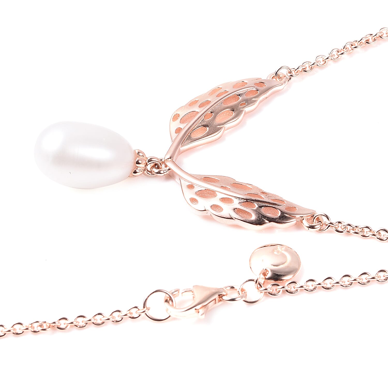 RACHEL GALLEY Freshwater White Pearl Lattice Feather Drop Necklace (Size 24) in Rose Gold Overlay Sterling Silver