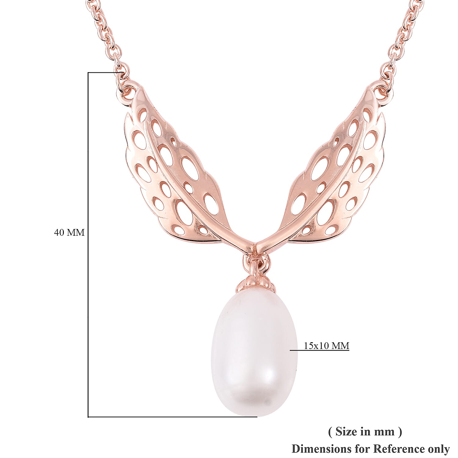 RACHEL GALLEY Freshwater White Pearl Lattice Feather Drop Necklace (Size 24) in Rose Gold Overlay Sterling Silver