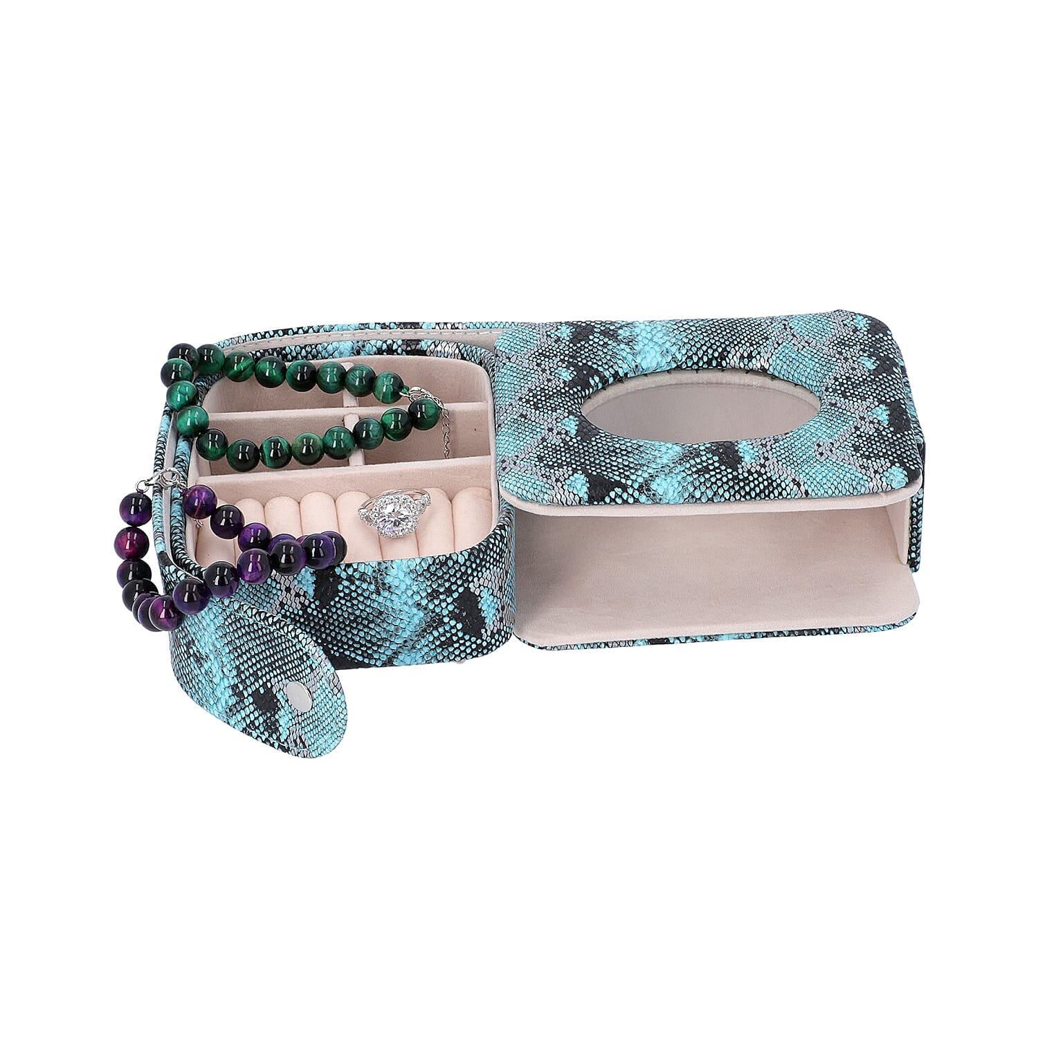 Unique Python Skin Pattern Jewellery Storage Box with Transparent Glass Window, 7 Ring Rows and 4 Sections (Size 13x11x5.5 Cm) - Teal and Black