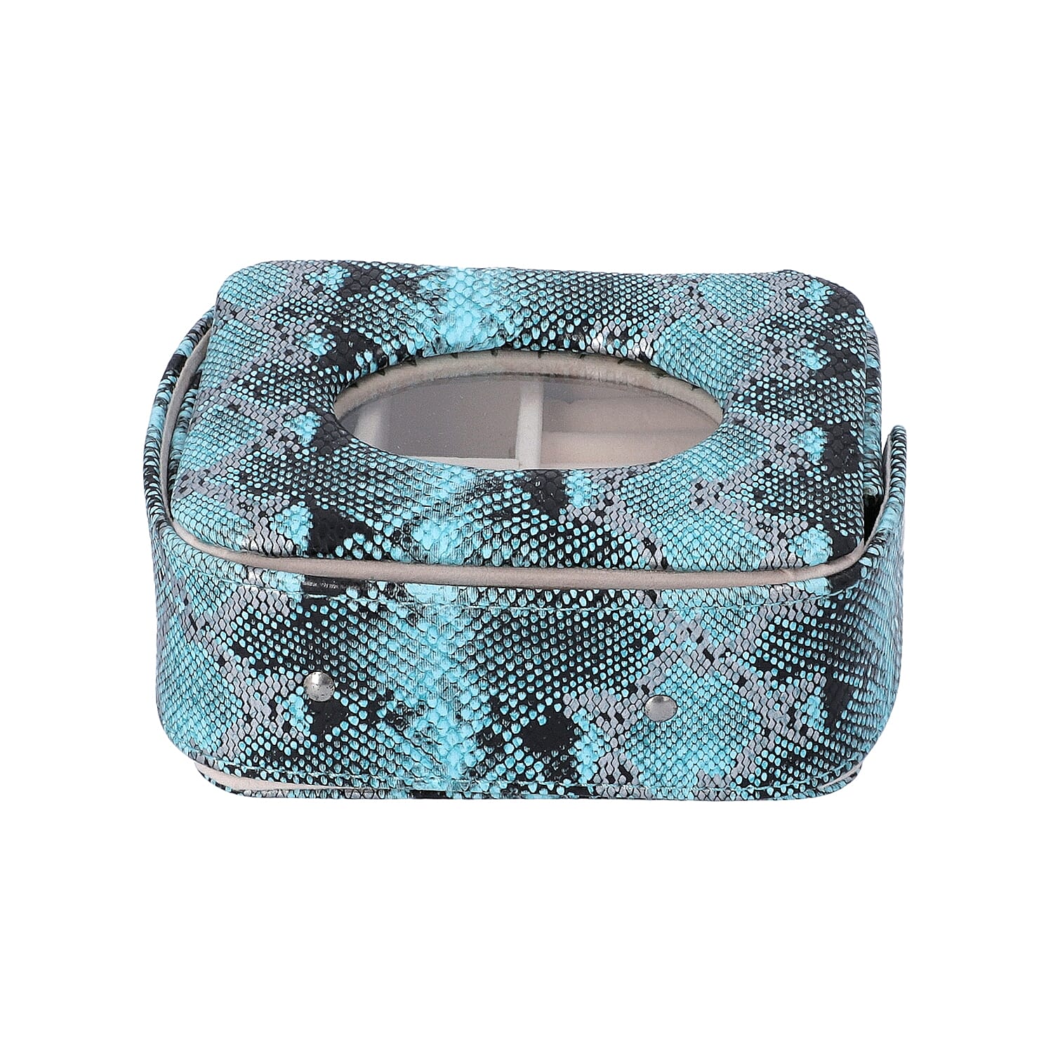 Unique Python Skin Pattern Jewellery Storage Box with Transparent Glass Window, 7 Ring Rows and 4 Sections (Size 13x11x5.5 Cm) - Teal and Black