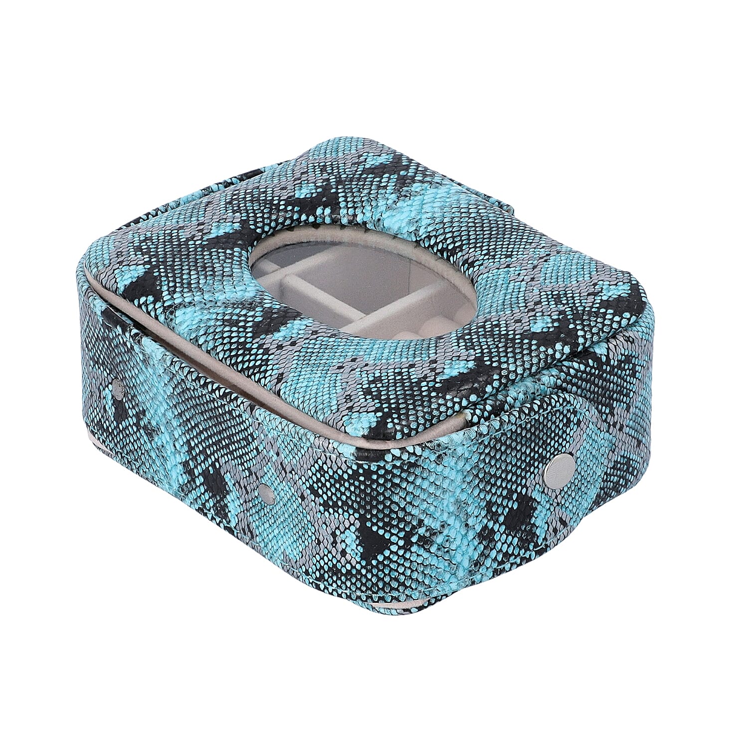 Unique Python Skin Pattern Jewellery Storage Box with Transparent Glass Window, 7 Ring Rows and 4 Sections (Size 13x11x5.5 Cm) - Teal and Black