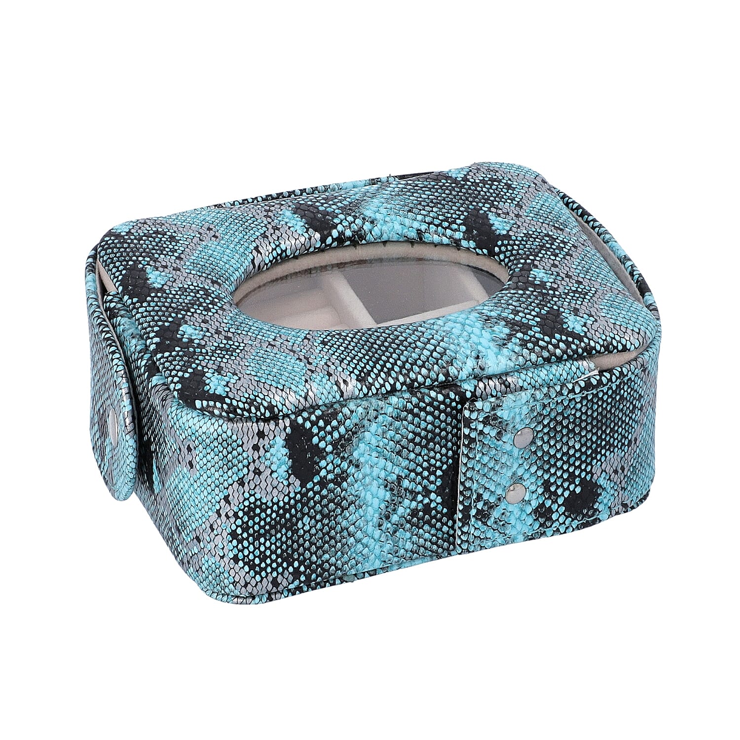 Unique Python Skin Pattern Jewellery Storage Box with Transparent Glass Window, 7 Ring Rows and 4 Sections (Size 13x11x5.5 Cm) - Teal and Black