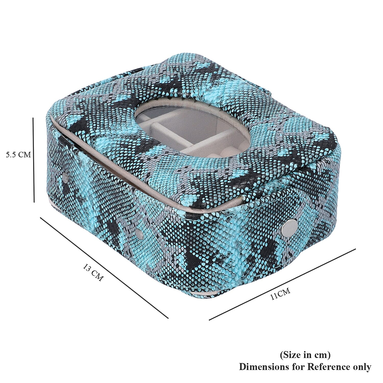 Unique Python Skin Pattern Jewellery Storage Box with Transparent Glass Window, 7 Ring Rows and 4 Sections (Size 13x11x5.5 Cm) - Teal and Black