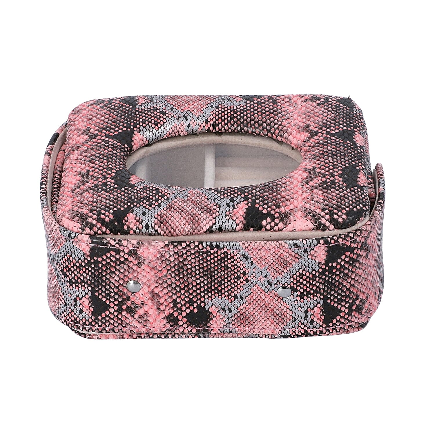 Unique Python Skin Pattern Jewellery Storage Box with Transparent Glass Window, 7 Ring Rows and 4 Sections (Size 13x11x5.5 Cm) - Pink and Black
