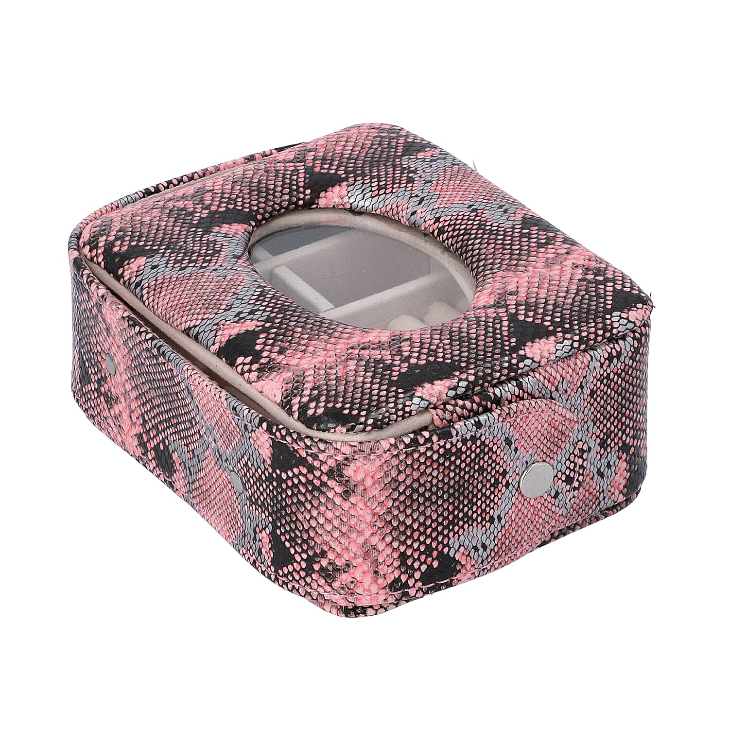 Unique Python Skin Pattern Jewellery Storage Box with Transparent Glass Window, 7 Ring Rows and 4 Sections (Size 13x11x5.5 Cm) - Pink and Black
