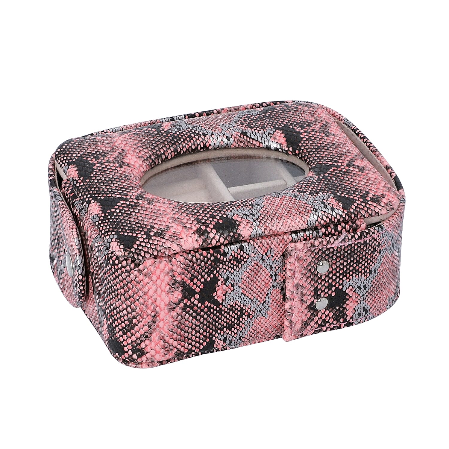 Unique Python Skin Pattern Jewellery Storage Box with Transparent Glass Window, 7 Ring Rows and 4 Sections (Size 13x11x5.5 Cm) - Pink and Black