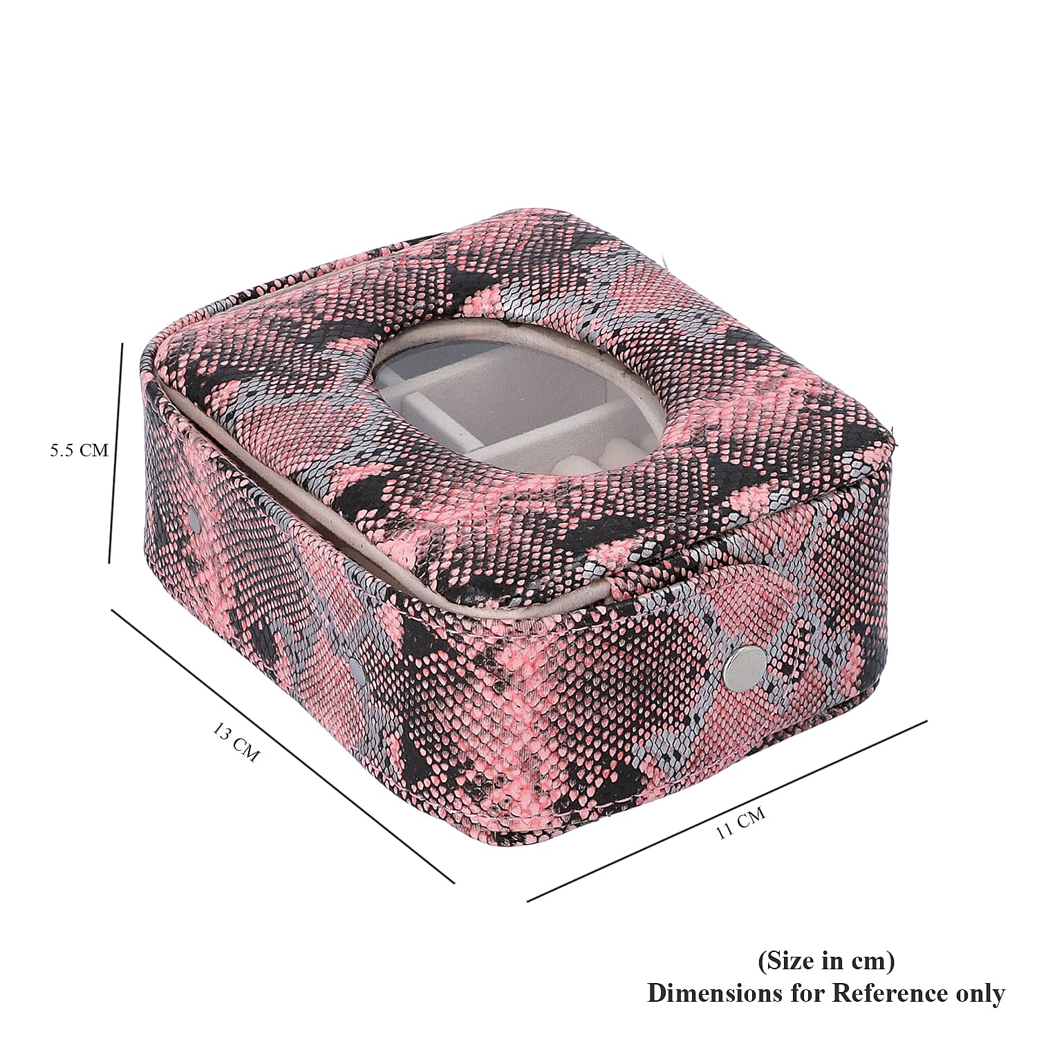 Unique Python Skin Pattern Jewellery Storage Box with Transparent Glass Window, 7 Ring Rows and 4 Sections (Size 13x11x5.5 Cm) - Pink and Black