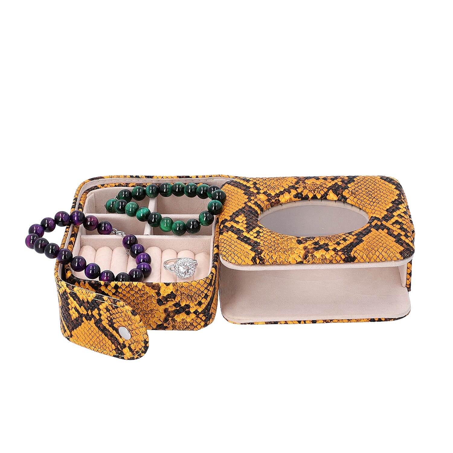 Unique Python Skin Pattern Jewellery Storage Box with Transparent Glass Window, 7 Ring Rows and 4 Sections (Size 13x11x5.5 Cm) - Yellow and Black