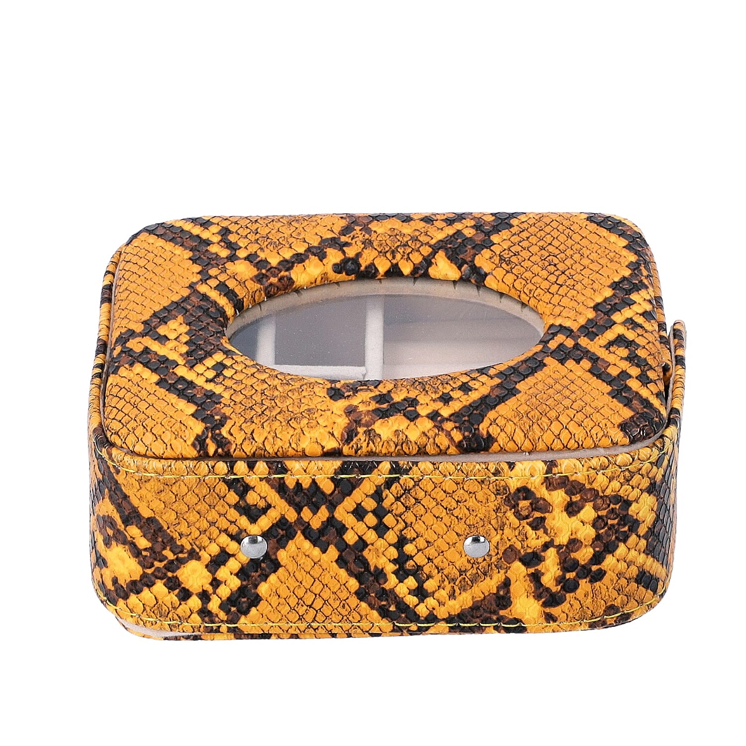 Unique Python Skin Pattern Jewellery Storage Box with Transparent Glass Window, 7 Ring Rows and 4 Sections (Size 13x11x5.5 Cm) - Yellow and Black