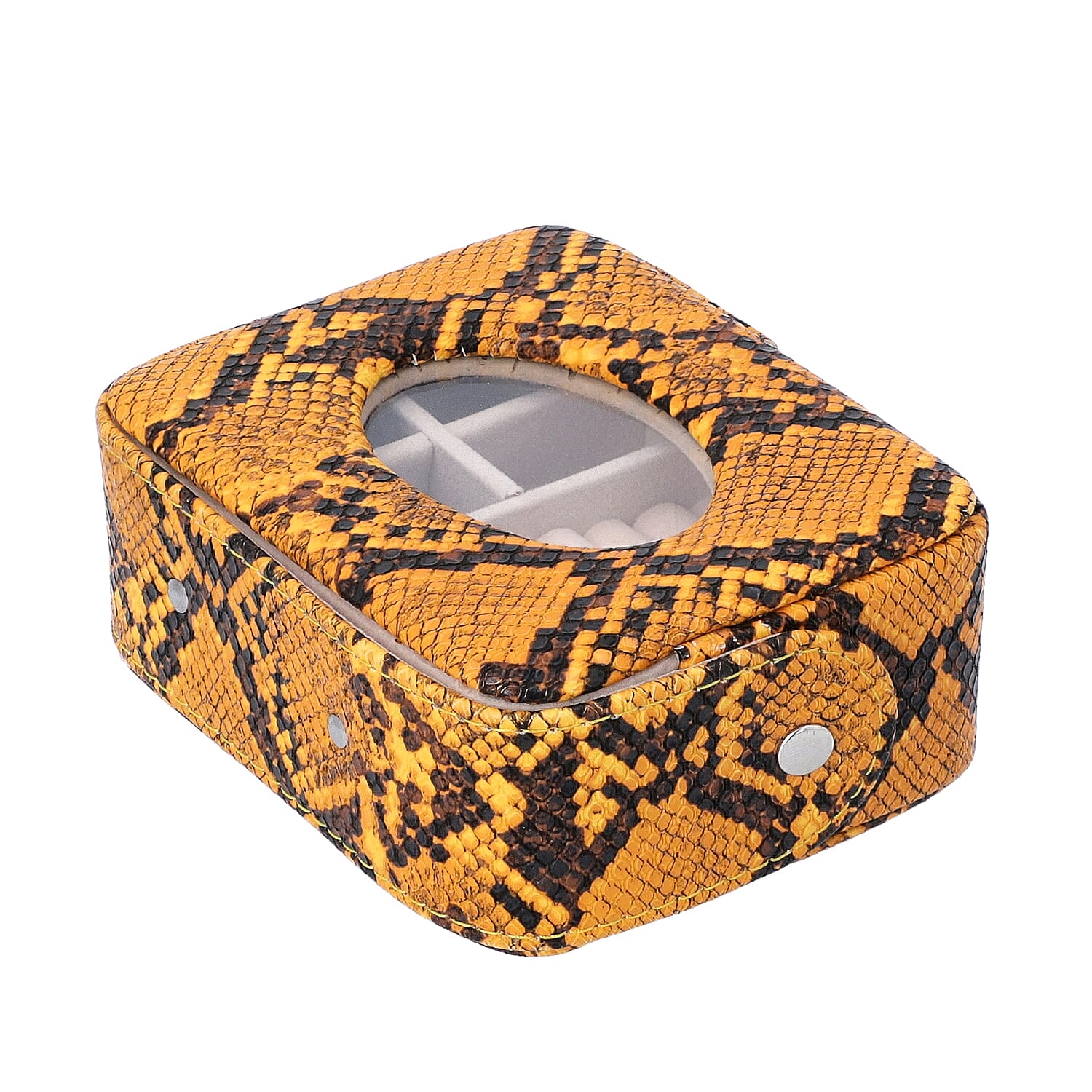 Unique Python Skin Pattern Jewellery Storage Box with Transparent Glass Window, 7 Ring Rows and 4 Sections (Size 13x11x5.5 Cm) - Yellow and Black