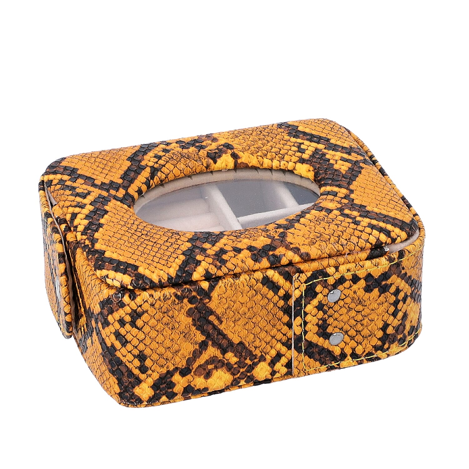 Unique Python Skin Pattern Jewellery Storage Box with Transparent Glass Window, 7 Ring Rows and 4 Sections (Size 13x11x5.5 Cm) - Yellow and Black