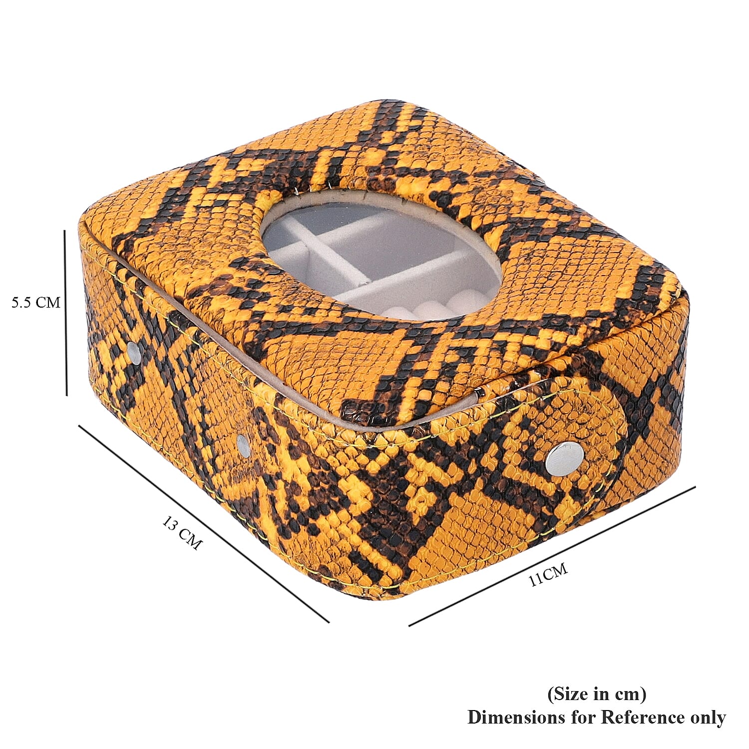 Unique Python Skin Pattern Jewellery Storage Box with Transparent Glass Window, 7 Ring Rows and 4 Sections (Size 13x11x5.5 Cm) - Yellow and Black