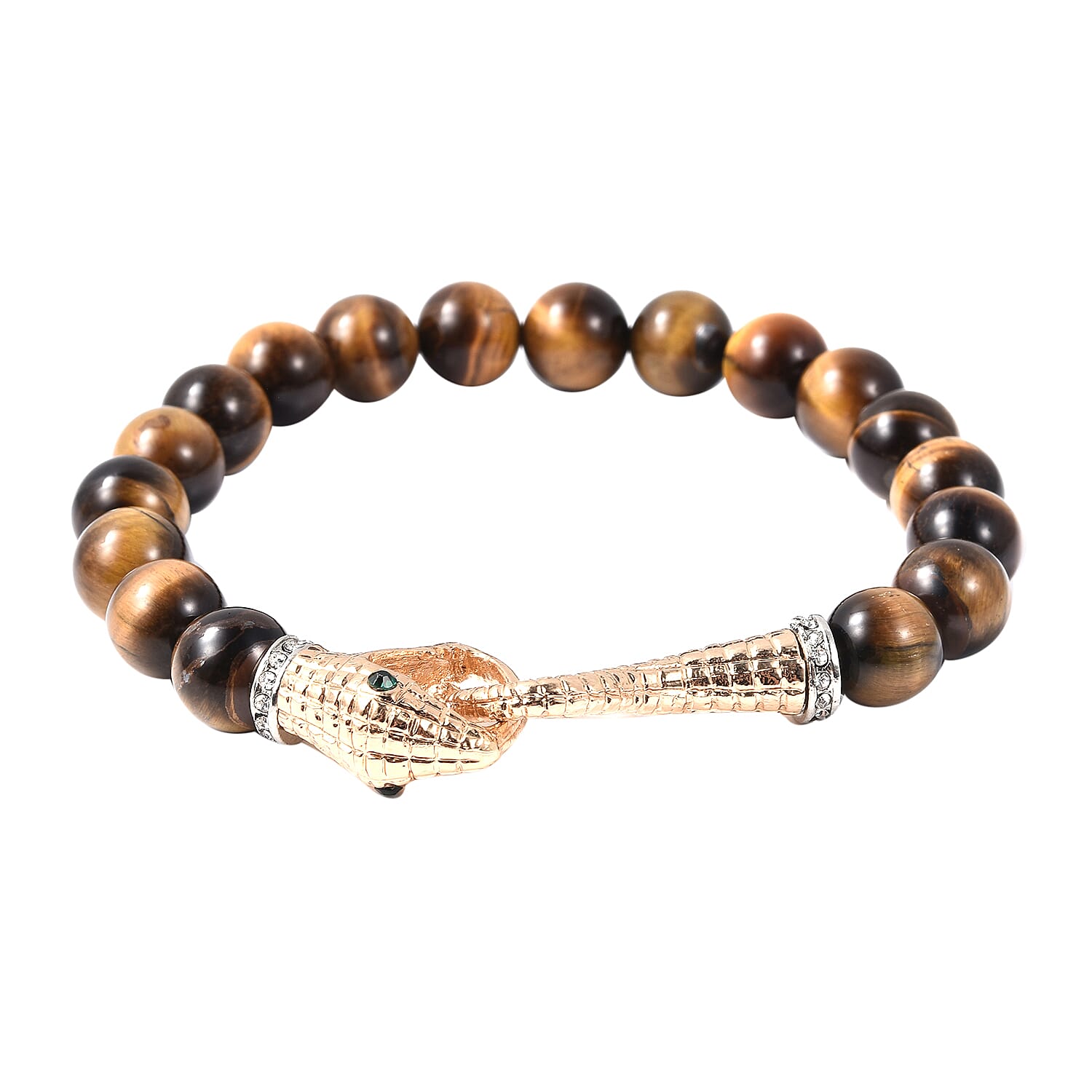 Yellow Tiger Eye (Rnd 9-11mm), Black and White Austrian Crystal Stretchable Ouroboros Snake Bracelet (Size 6.5) in Dual Tone 100.00 Ct.