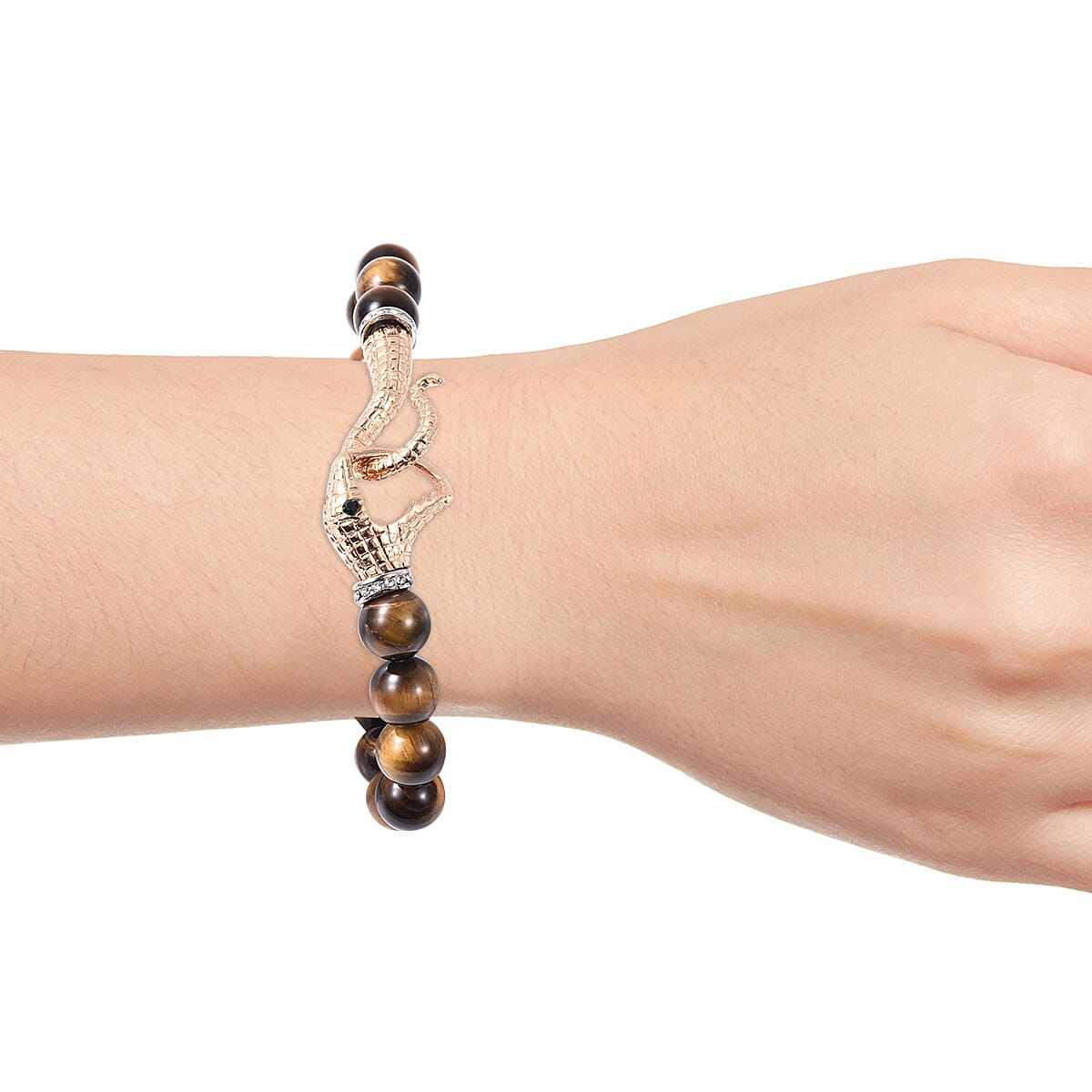 Yellow Tiger Eye (Rnd 9-11mm), Black and White Austrian Crystal Stretchable Ouroboros Snake Bracelet (Size 6.5) in Dual Tone 100.00 Ct.