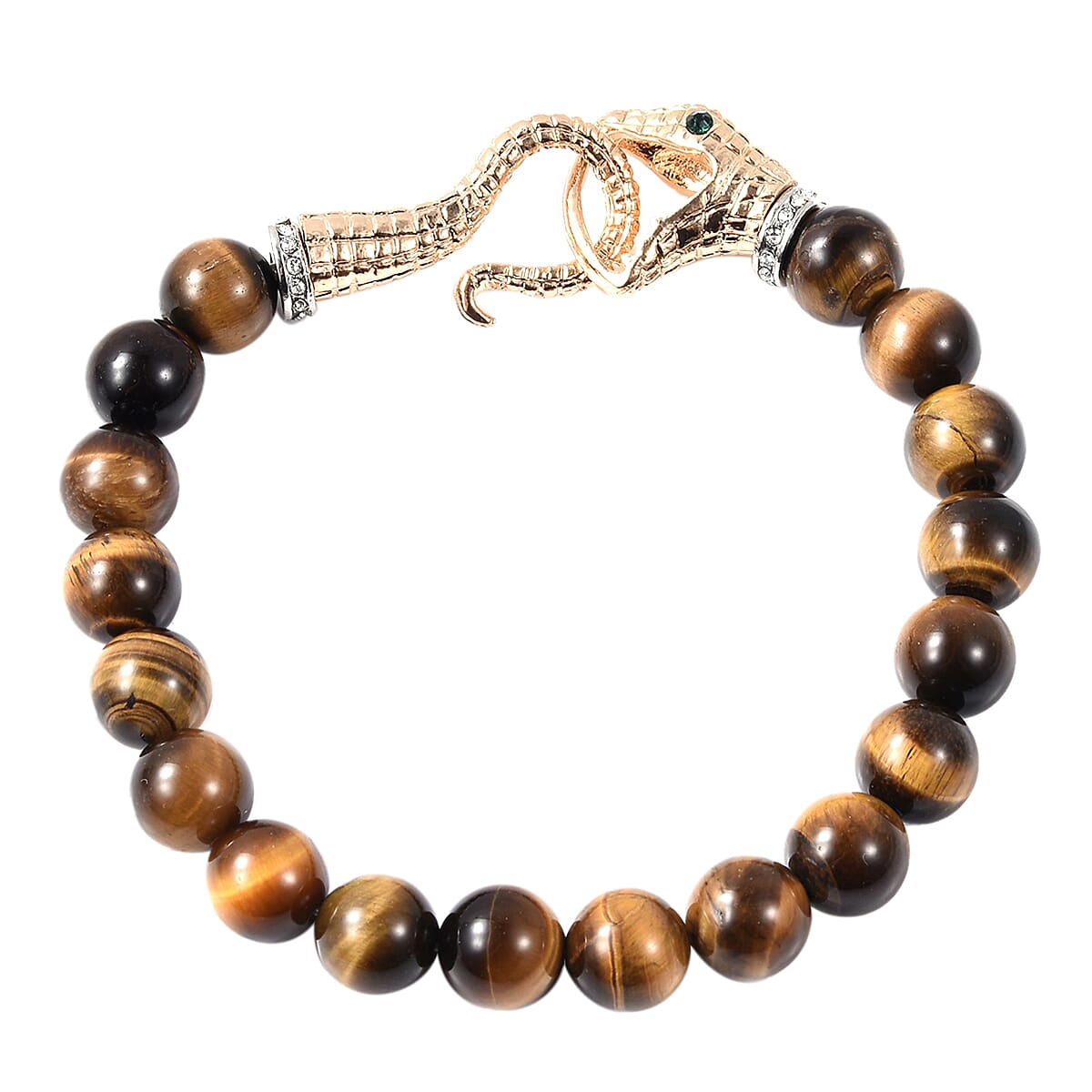 Yellow Tiger Eye (Rnd 9-11mm), Black and White Austrian Crystal Stretchable Ouroboros Snake Bracelet (Size 6.5) in Dual Tone 100.00 Ct.