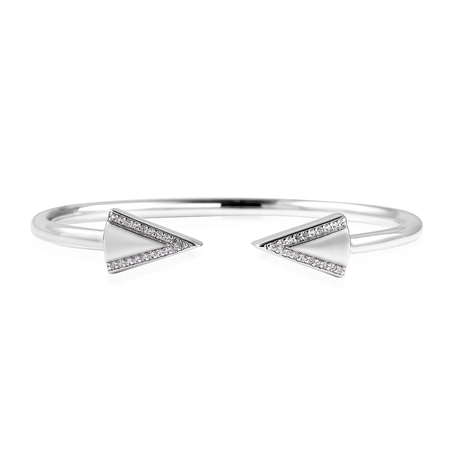 LucyQ Art Deco Collection - Natural White Cambodian Zircon (Rnd) Arrow Bangle (Size 8) in Rhodium Overlay Sterling Silver, Silver Wt. 7.96 Gms