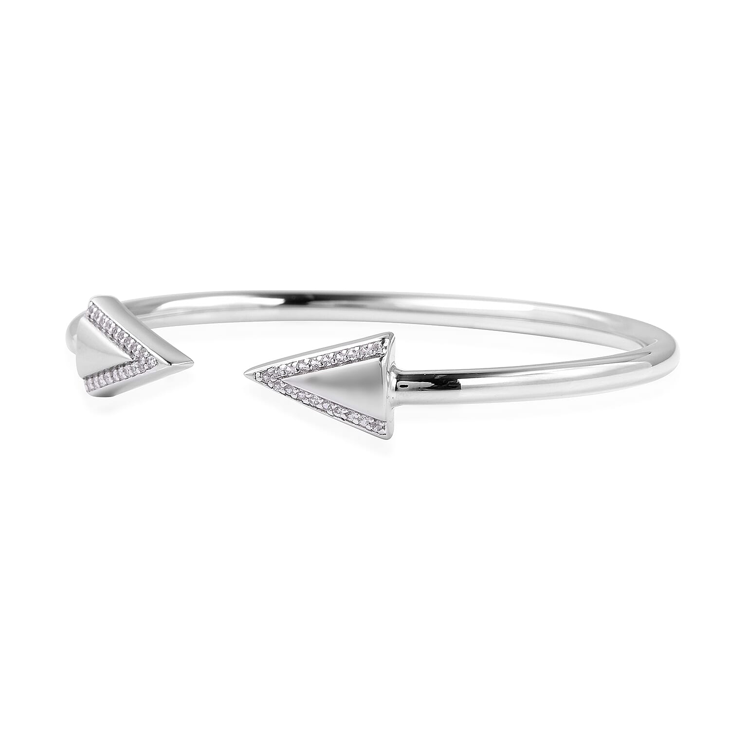 LucyQ Art Deco Collection - Natural White Cambodian Zircon (Rnd) Arrow Bangle (Size 8) in Rhodium Overlay Sterling Silver, Silver Wt. 7.96 Gms