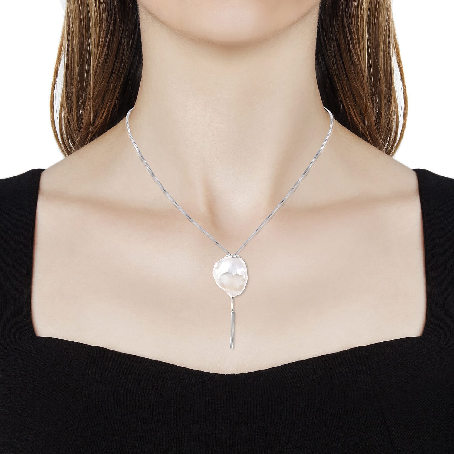 Baroque Pearl Lariat Necklace (Size 24) in Rhodium Overlay Sterling Silver