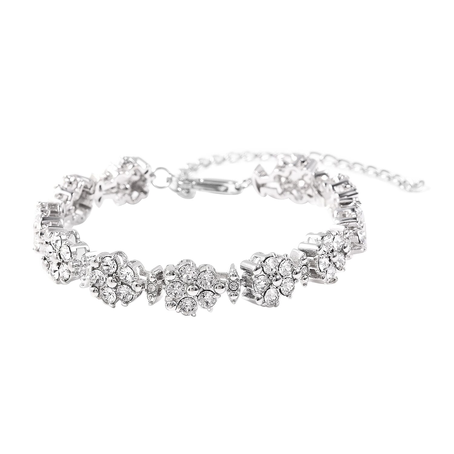J Francis -  White Crystal (Rnd) Floral Bracelet (Size 8) in Silver Tone