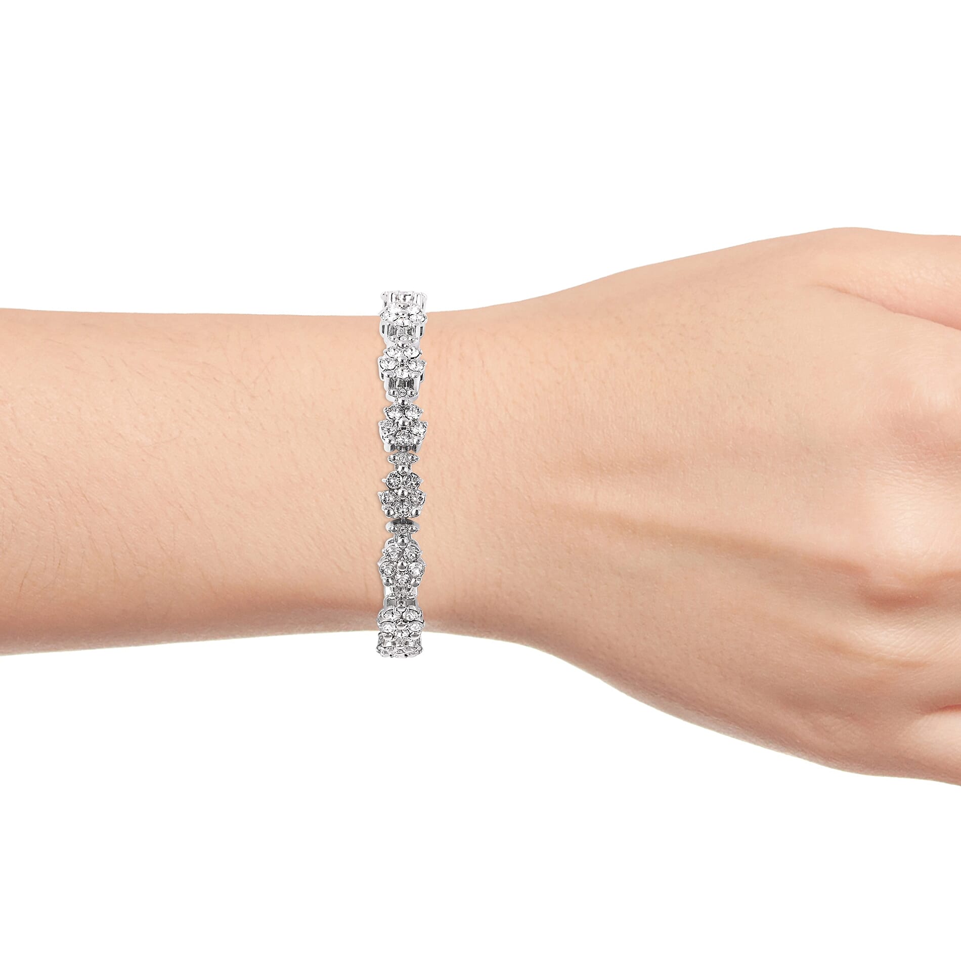 J Francis -  White Crystal (Rnd) Floral Bracelet (Size 8) in Silver Tone