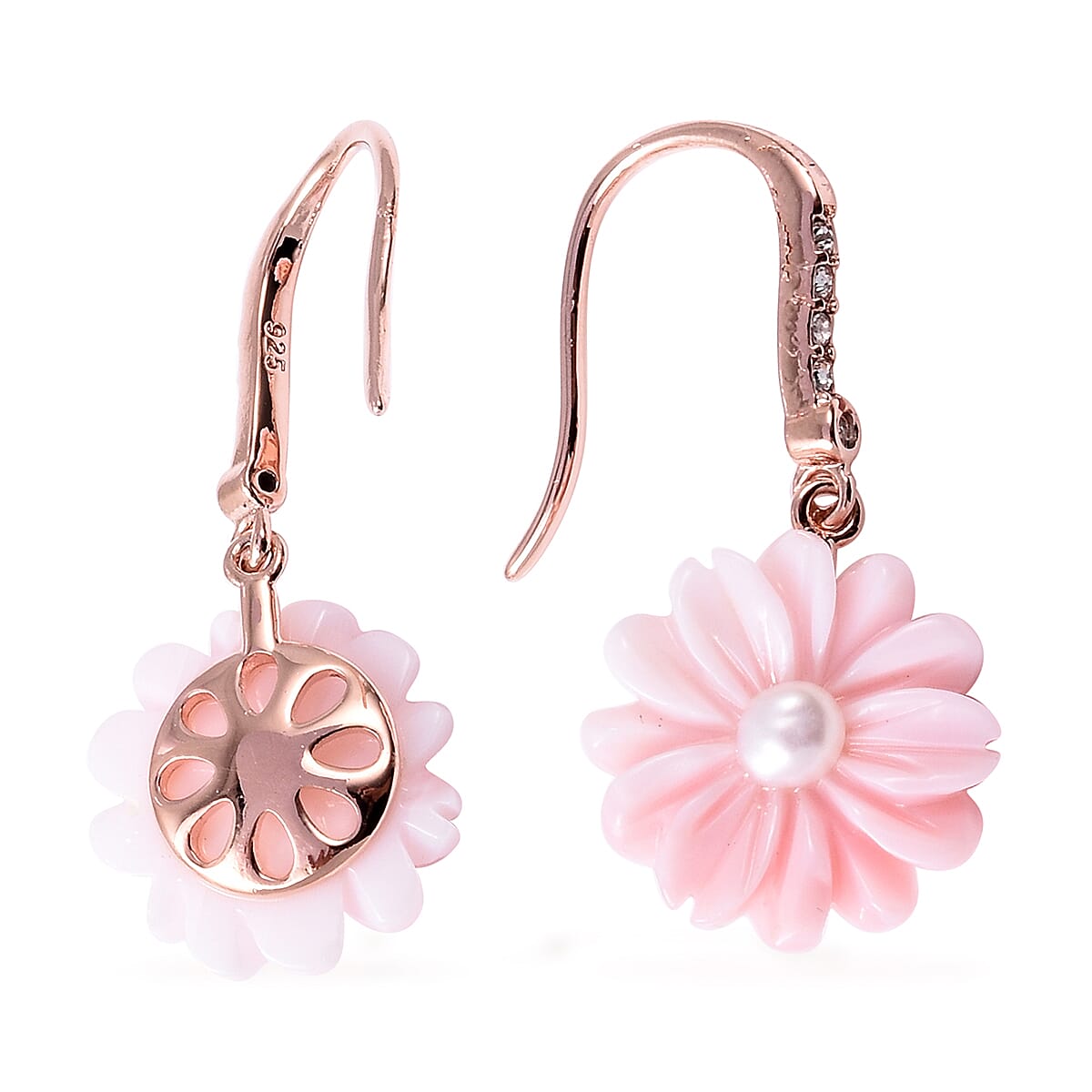 Carved Pink Mother of Pearl, White  Crystal and Freshwater White Pearl Earrings in Rose Gold Plated Sterling Silver