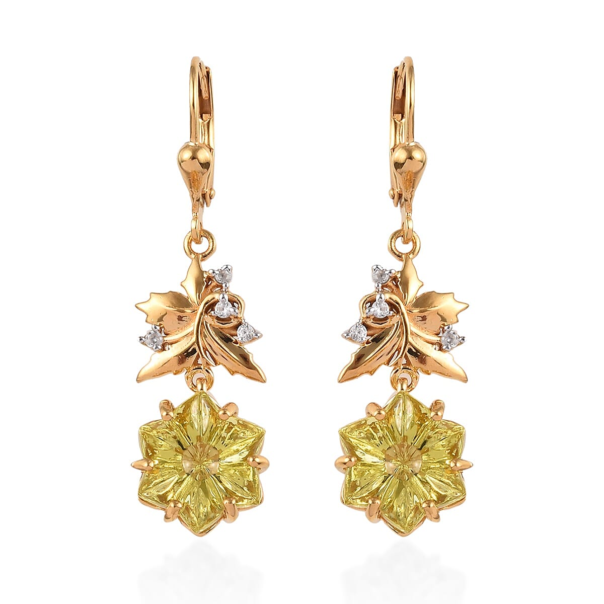 Limited Edition - GP Lotus Cut Brazilian Green Gold Quartz, Cambodian Zircon and Blue Sapphire Lever Back Earrings in 14K Gold Overlay Sterling Silver 11.16 Ct, Silver wt 5.70 Gms