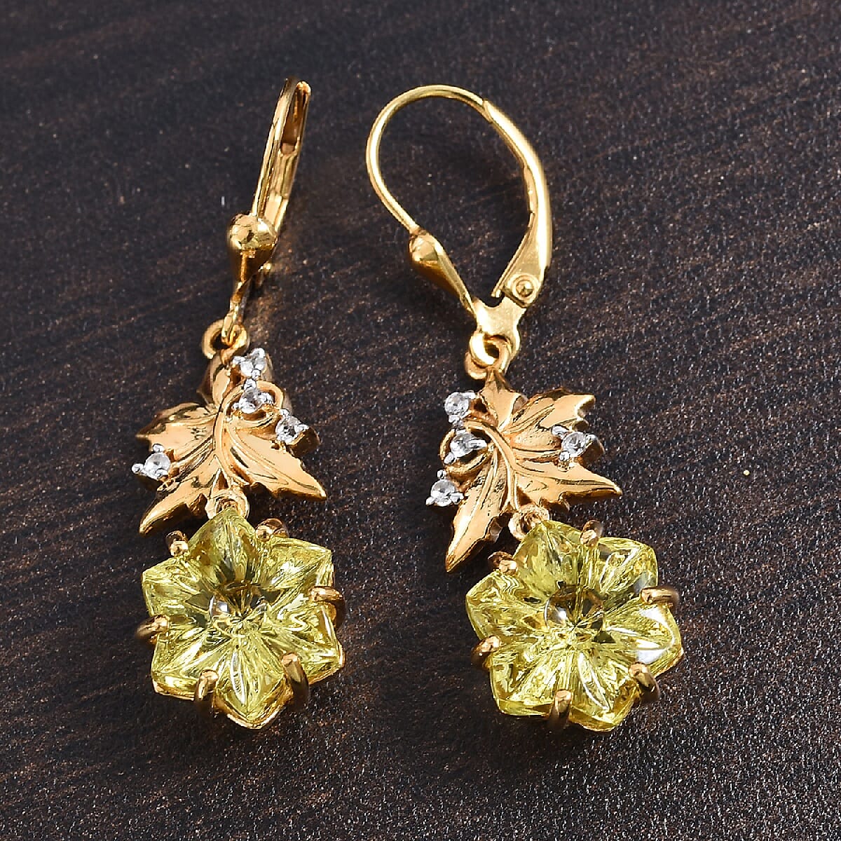Limited Edition - GP Lotus Cut Brazilian Green Gold Quartz, Cambodian Zircon and Blue Sapphire Lever Back Earrings in 14K Gold Overlay Sterling Silver 11.16 Ct, Silver wt 5.70 Gms