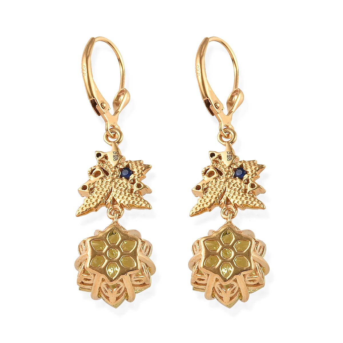 Limited Edition - GP Lotus Cut Brazilian Green Gold Quartz, Cambodian Zircon and Blue Sapphire Lever Back Earrings in 14K Gold Overlay Sterling Silver 11.16 Ct, Silver wt 5.70 Gms