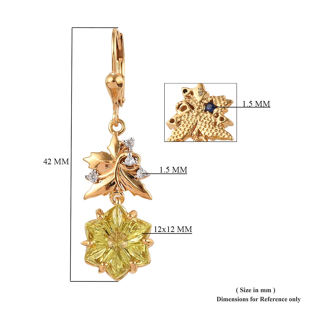 Limited Edition - GP Lotus Cut Brazilian Green Gold Quartz, Cambodian Zircon and Blue Sapphire Lever Back Earrings in 14K Gold Overlay Sterling Silver 11.16 Ct, Silver wt 5.70 Gms
