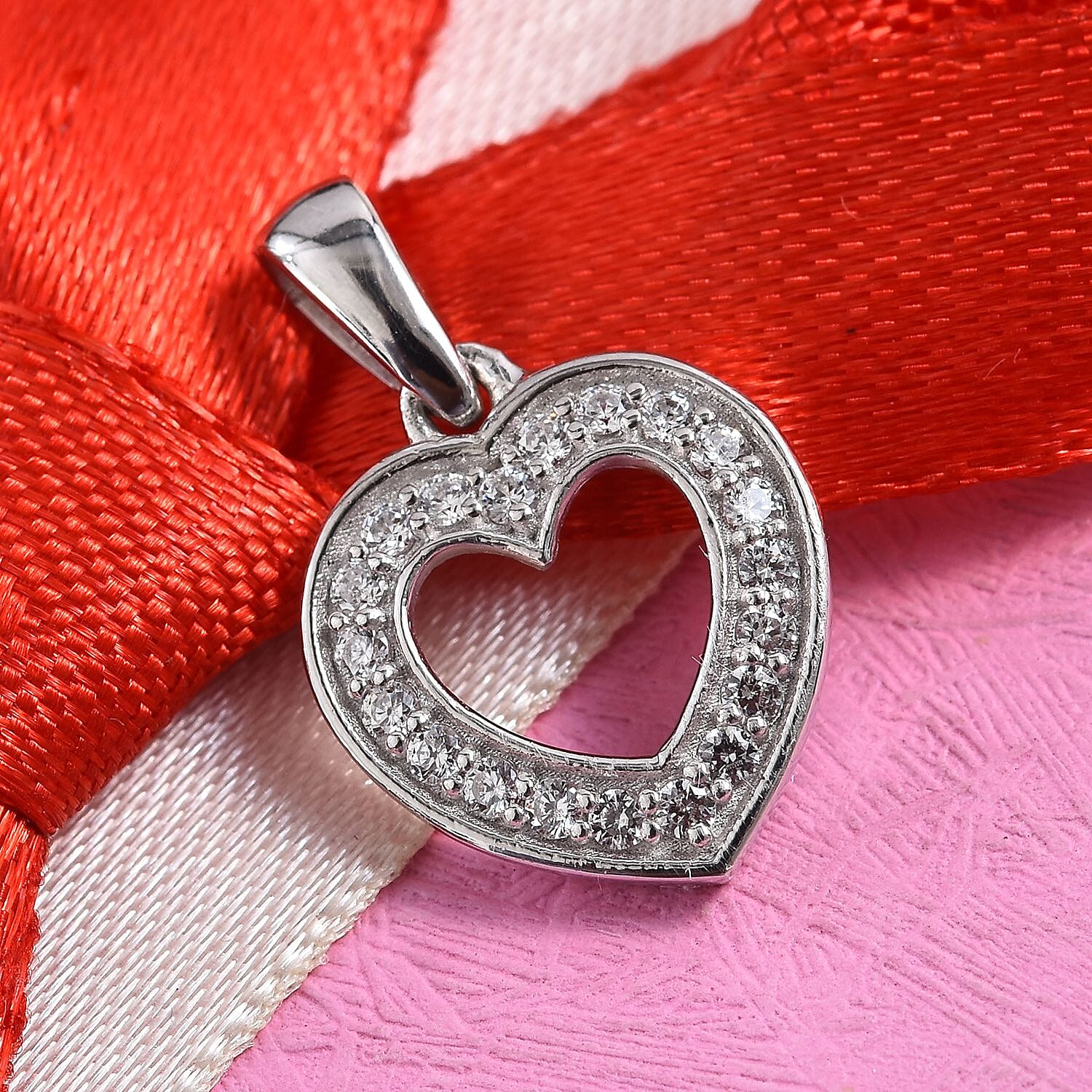 J Francis - Platinum Overlay Sterling Silver (Rnd) Heart Pendant Made with Finest CZ