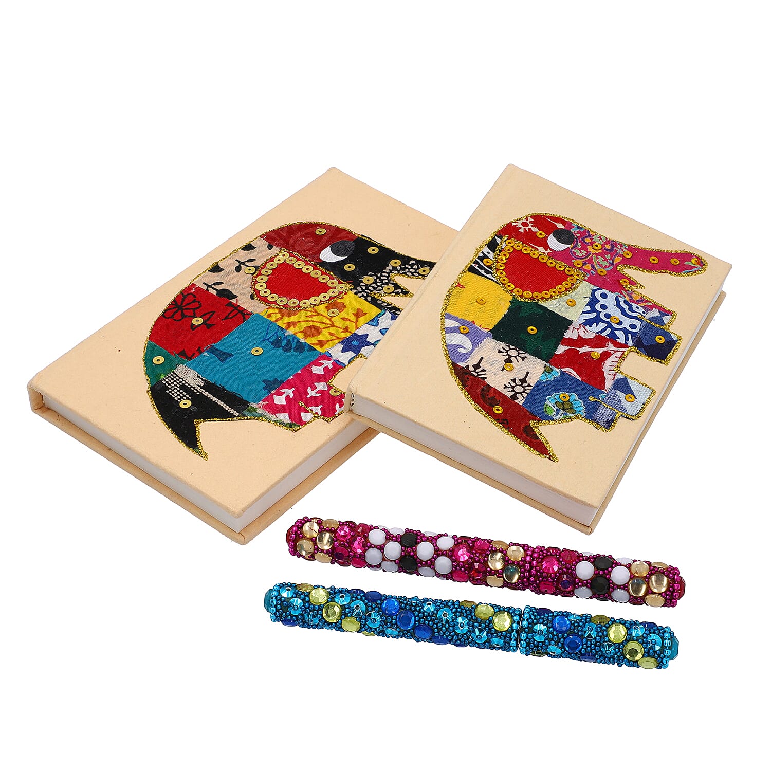 4 Piece Set - Two Elephant Design Handmade Paper Diary (100 Pages) and Two Beaded Pen - Ivory, Blue and Multi