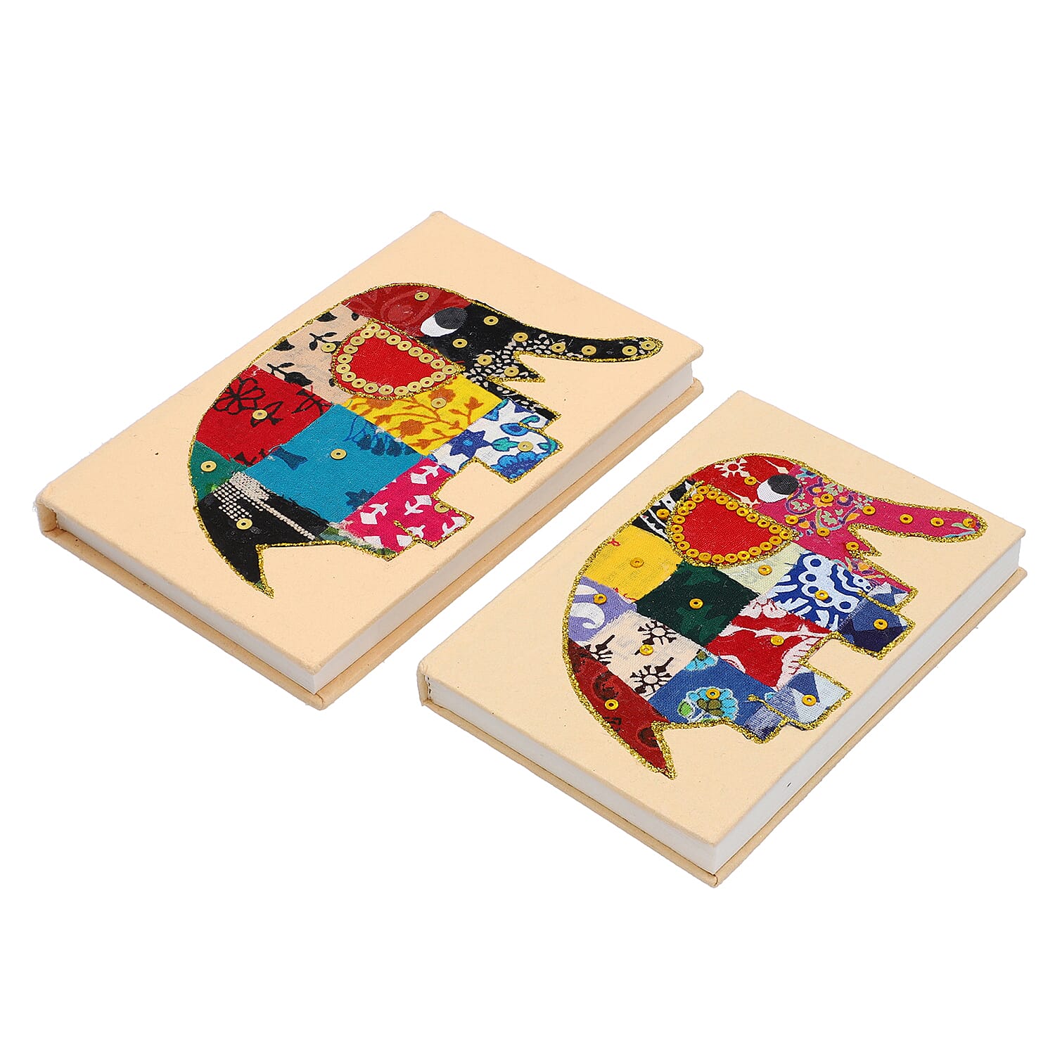 4 Piece Set - Two Elephant Design Handmade Paper Diary (100 Pages) and Two Beaded Pen - Ivory, Blue and Multi