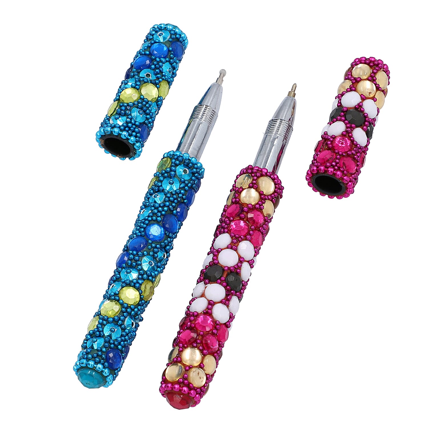 4 Piece Set - Two Elephant Design Handmade Paper Diary (100 Pages) and Two Beaded Pen - Ivory, Blue and Multi