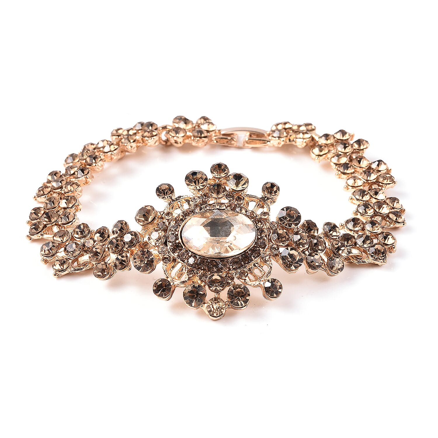 Simulated Champagne Diamond (Ovl), Champagne Colour Austrian Crystal Bracelet (Size 7.5) in Yellow Gold Tone