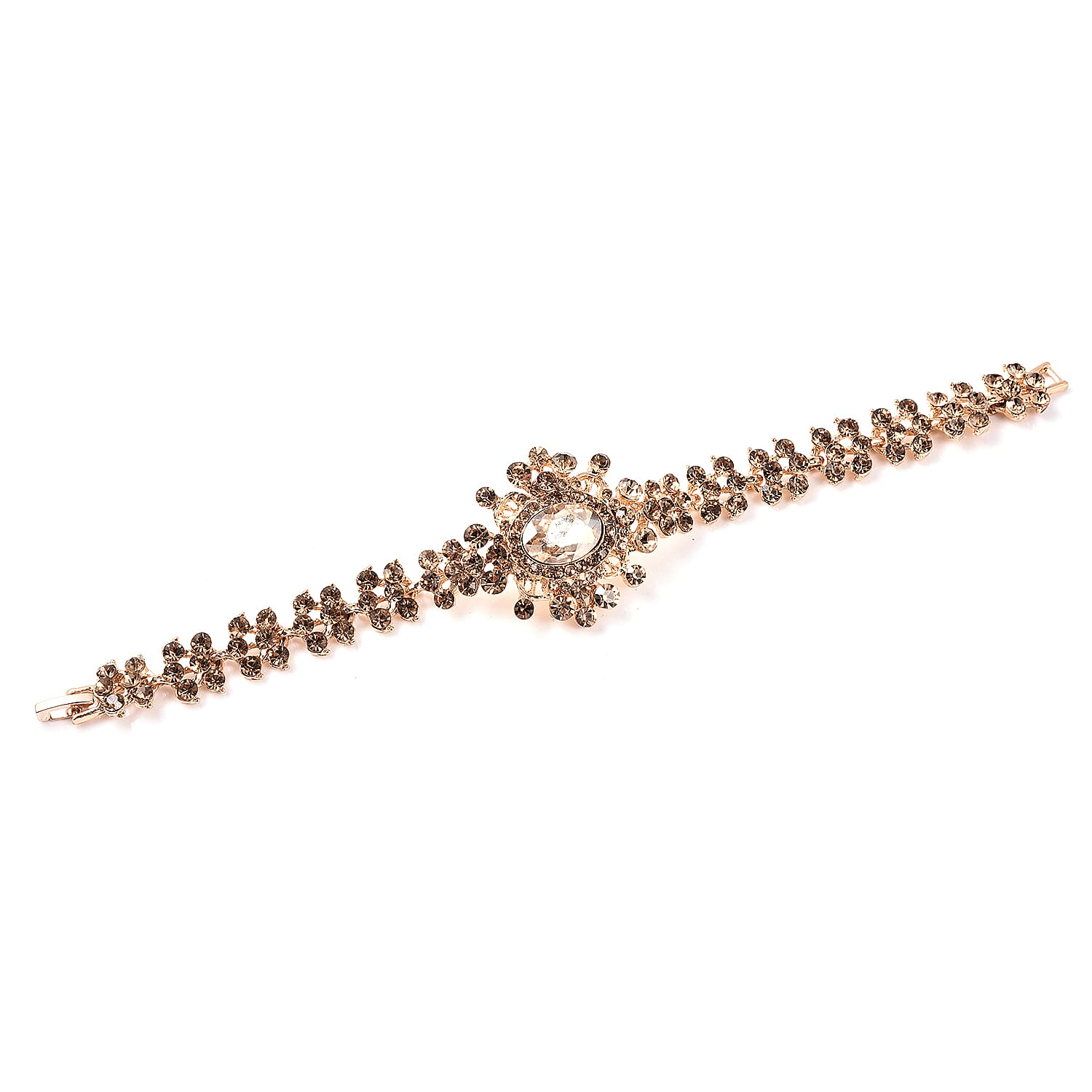 Simulated Champagne Diamond (Ovl), Champagne Colour Austrian Crystal Bracelet (Size 7.5) in Yellow Gold Tone
