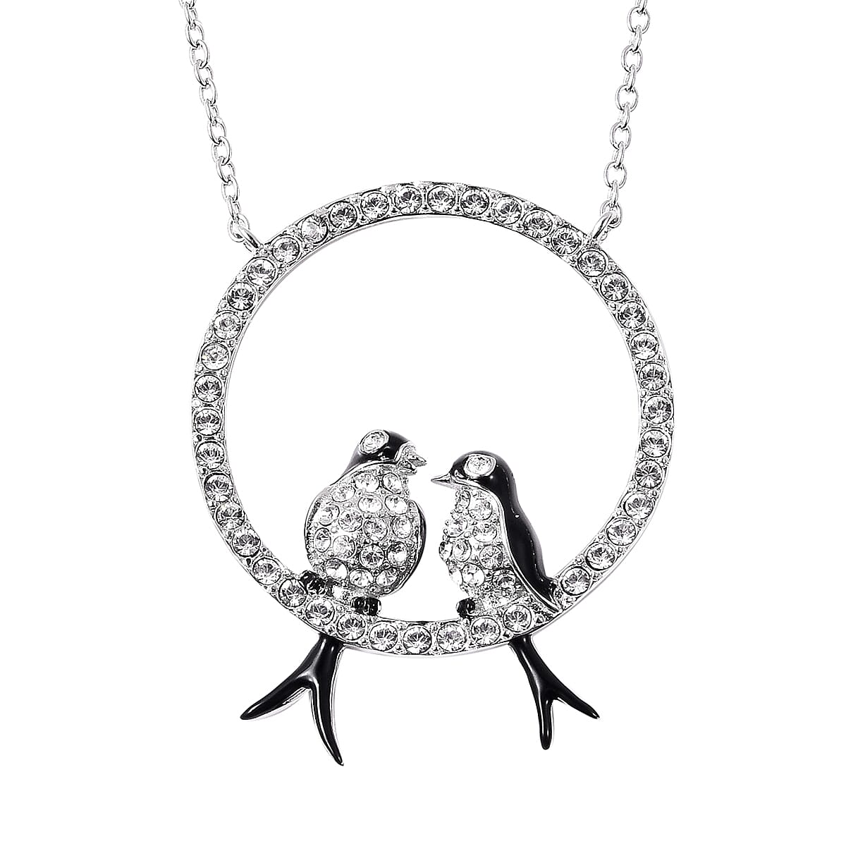 J Francis -  White Crystal Enamelled Love Bird Necklace (Size 18) in Sterling Silver