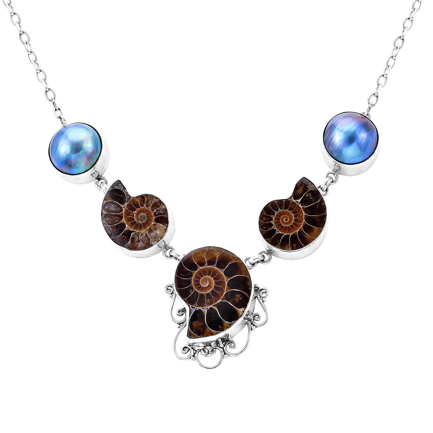 Limited Edition - Royal Bali Collection- Ammonite Fossil and Blue Mabe Pearl Necklace (Size 20) in Sterling Silver, Silver wt 33.00 Gms
