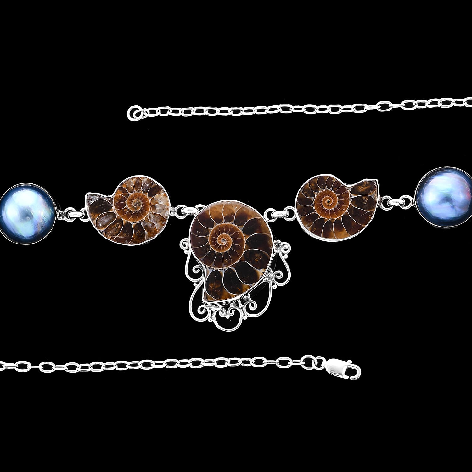 Limited Edition - Royal Bali Collection- Ammonite Fossil and Blue Mabe Pearl Necklace (Size 20) in Sterling Silver, Silver wt 33.00 Gms