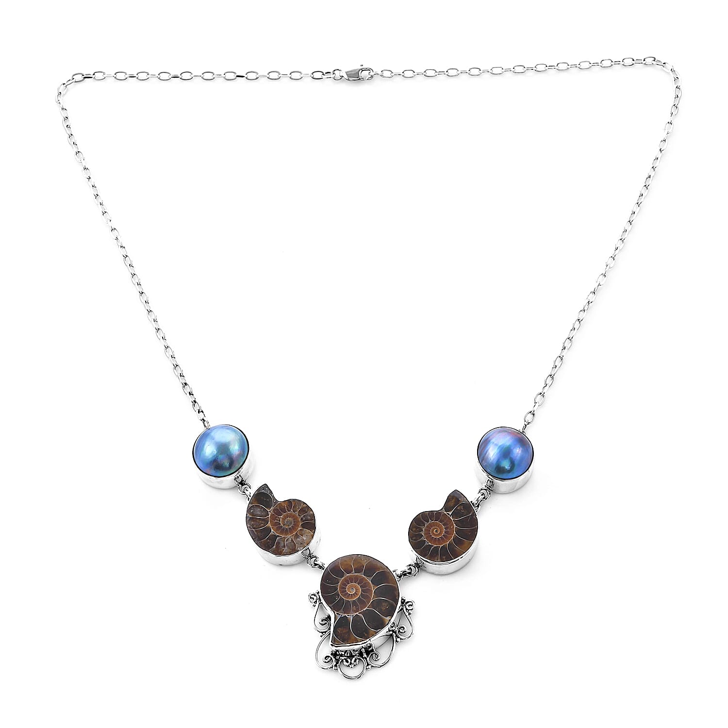 Limited Edition - Royal Bali Collection- Ammonite Fossil and Blue Mabe Pearl Necklace (Size 20) in Sterling Silver, Silver wt 33.00 Gms