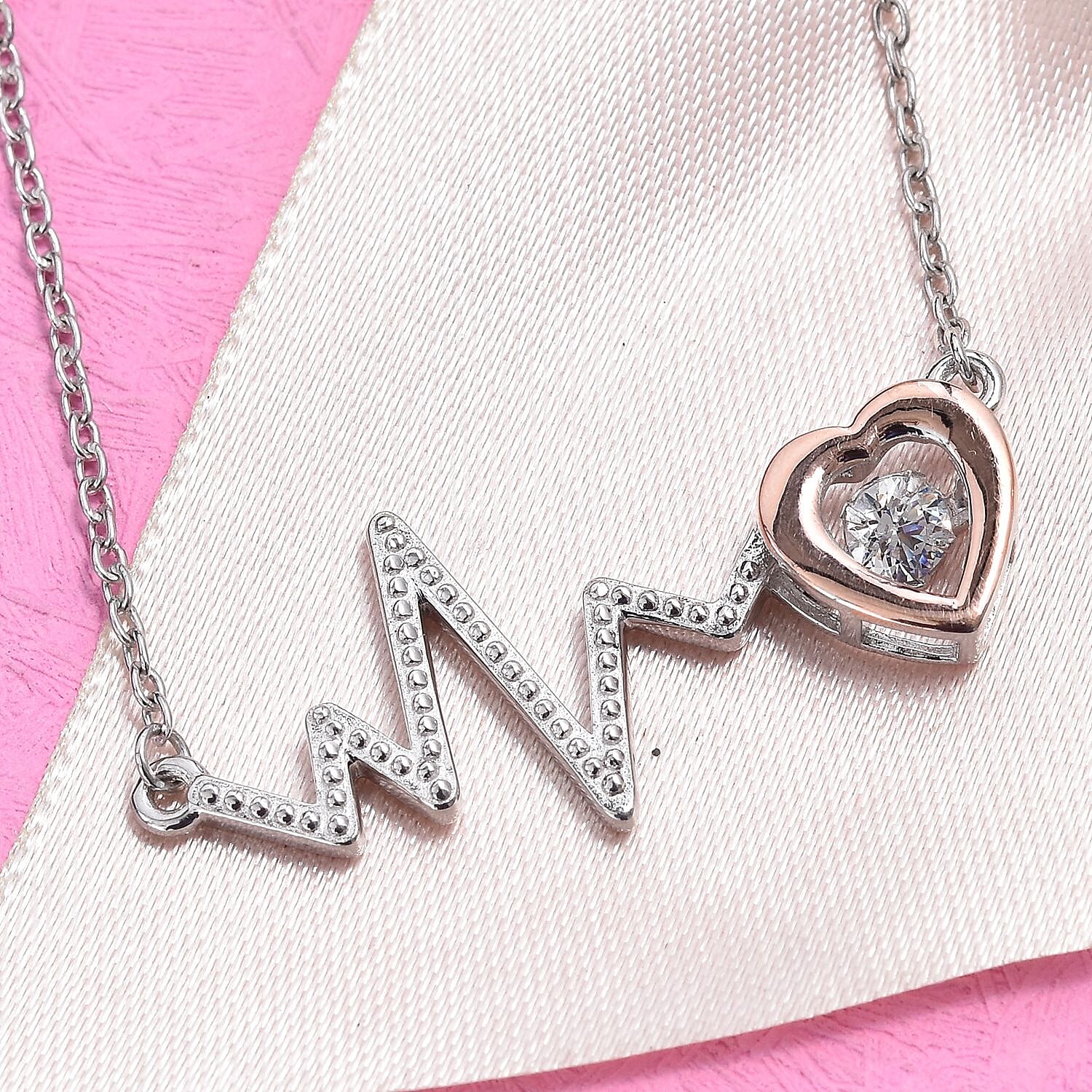 J Francis - Rose Gold and Platinum Overlay Sterling Silver (Rnd) Lifeline Pulse Heartbeat Necklace (Size 18) Made with Finest CZ