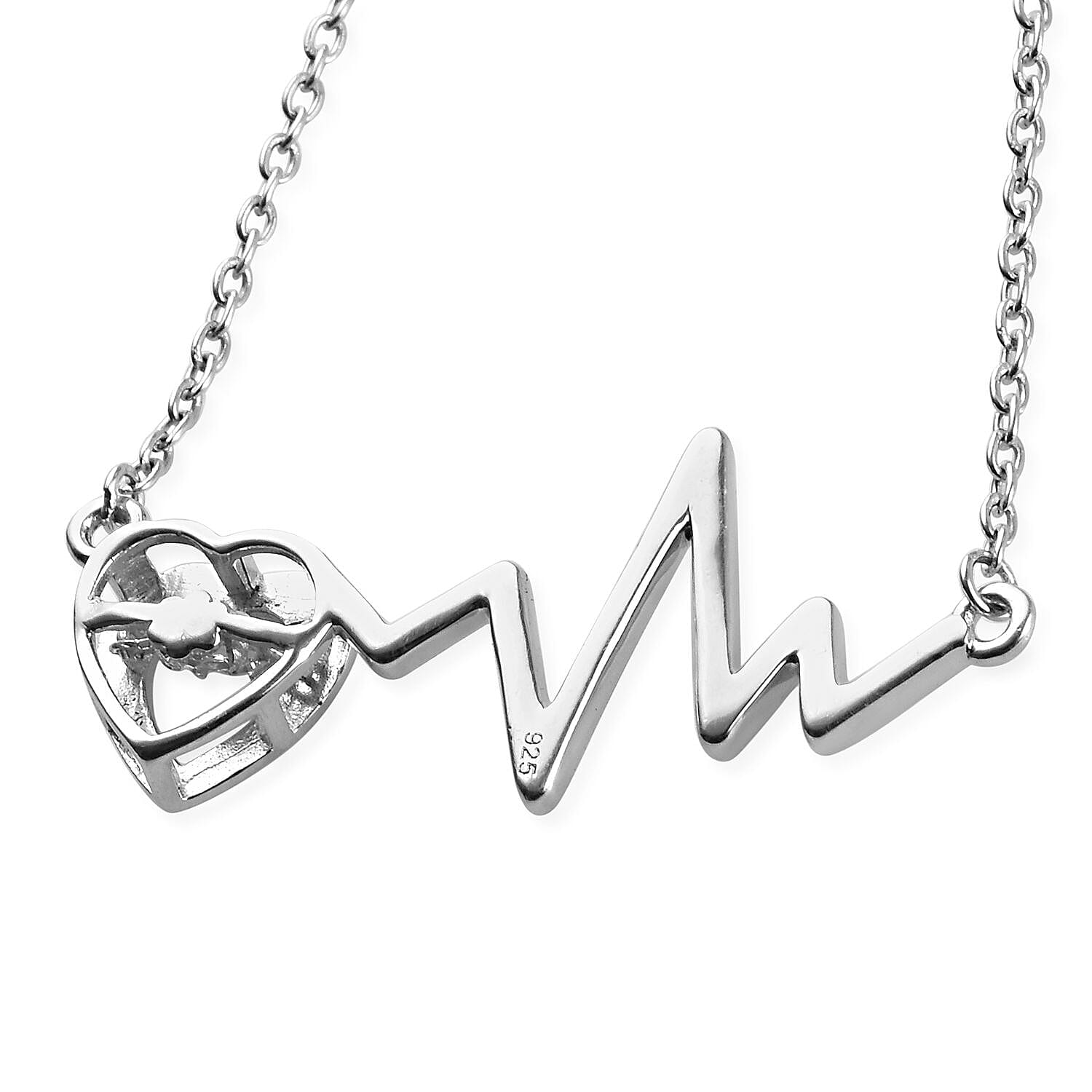 J Francis - Rose Gold and Platinum Overlay Sterling Silver (Rnd) Lifeline Pulse Heartbeat Necklace (Size 18) Made with Finest CZ