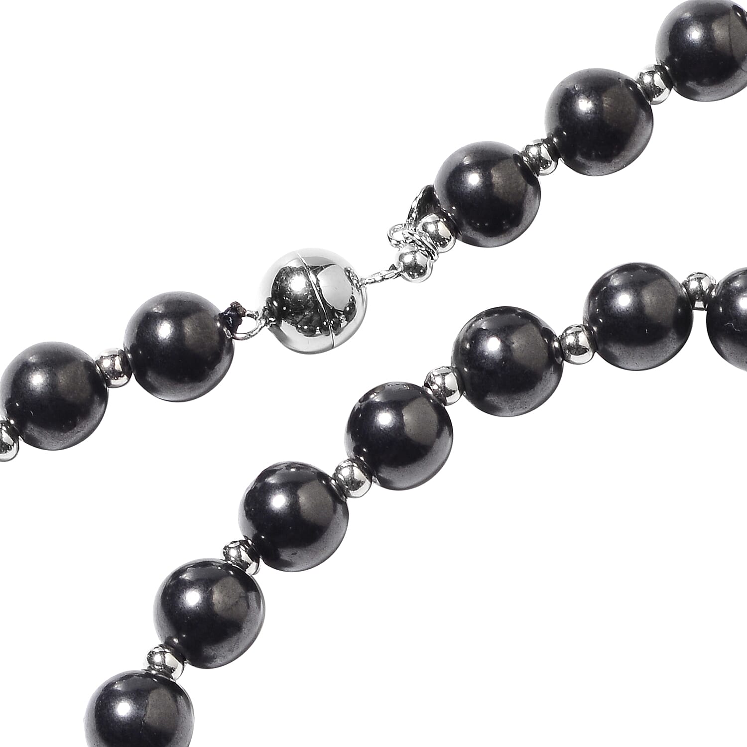 GP - Shungite (Rnd), Beads Necklace with Blue Sapphire  (Size 18) in Rhodium Overlay Sterling Silver with Magnetic Lock 134.03 Ct.