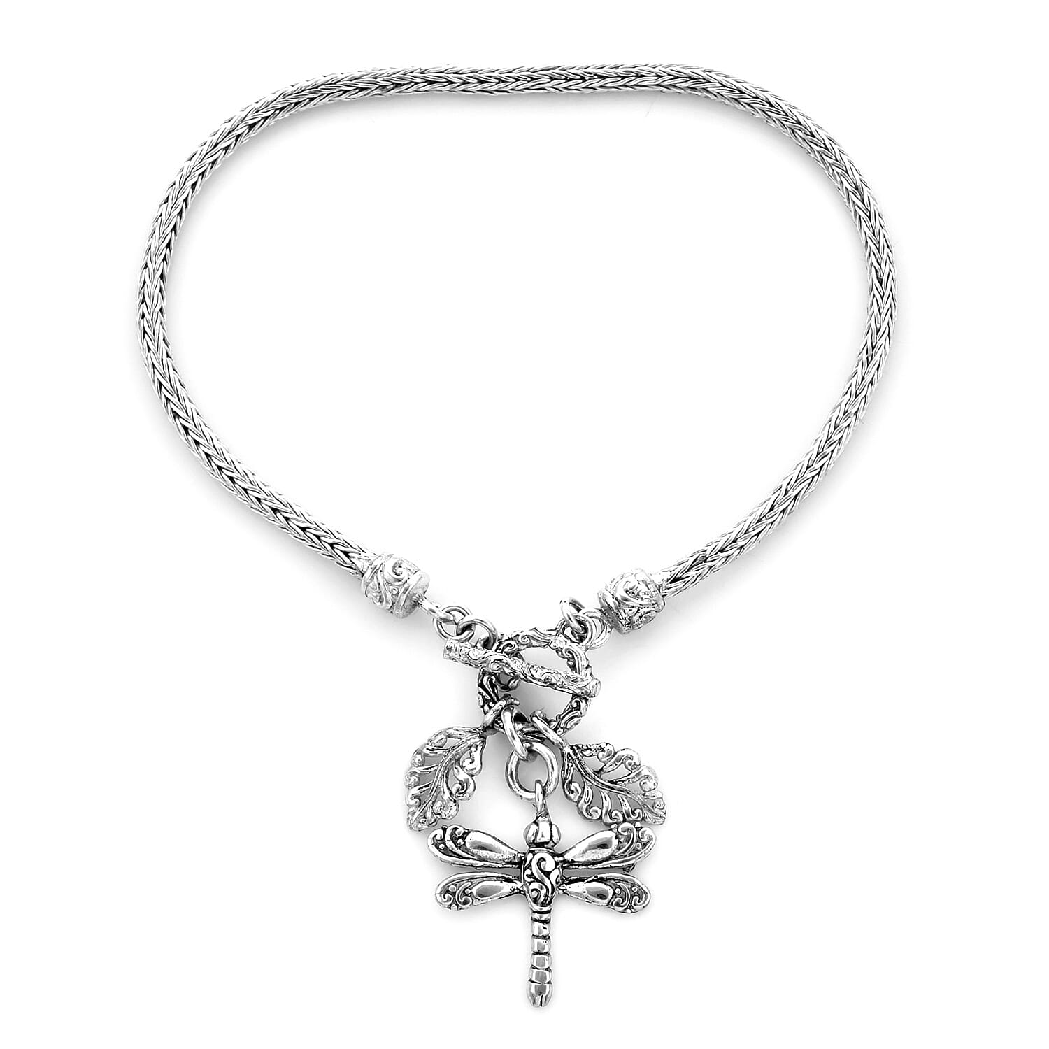 Royal Bali Collection - Sterling Silver Tulang Naga Bracelet (Size 7.5) with Leaves and Dragonfly Charm, Silver wt 9.41 Gms