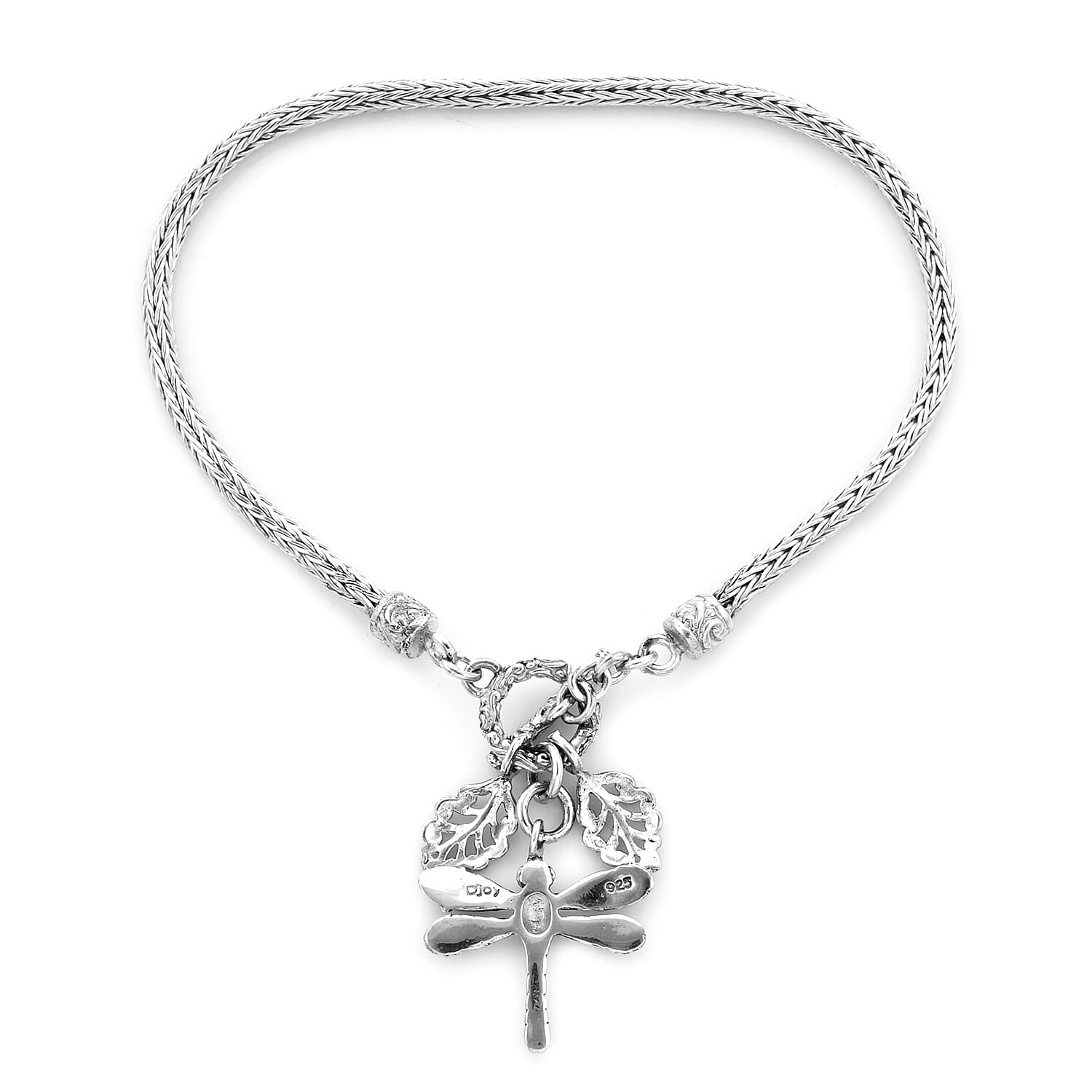 Royal Bali Collection - Sterling Silver Tulang Naga Bracelet (Size 7.5) with Leaves and Dragonfly Charm, Silver wt 9.41 Gms