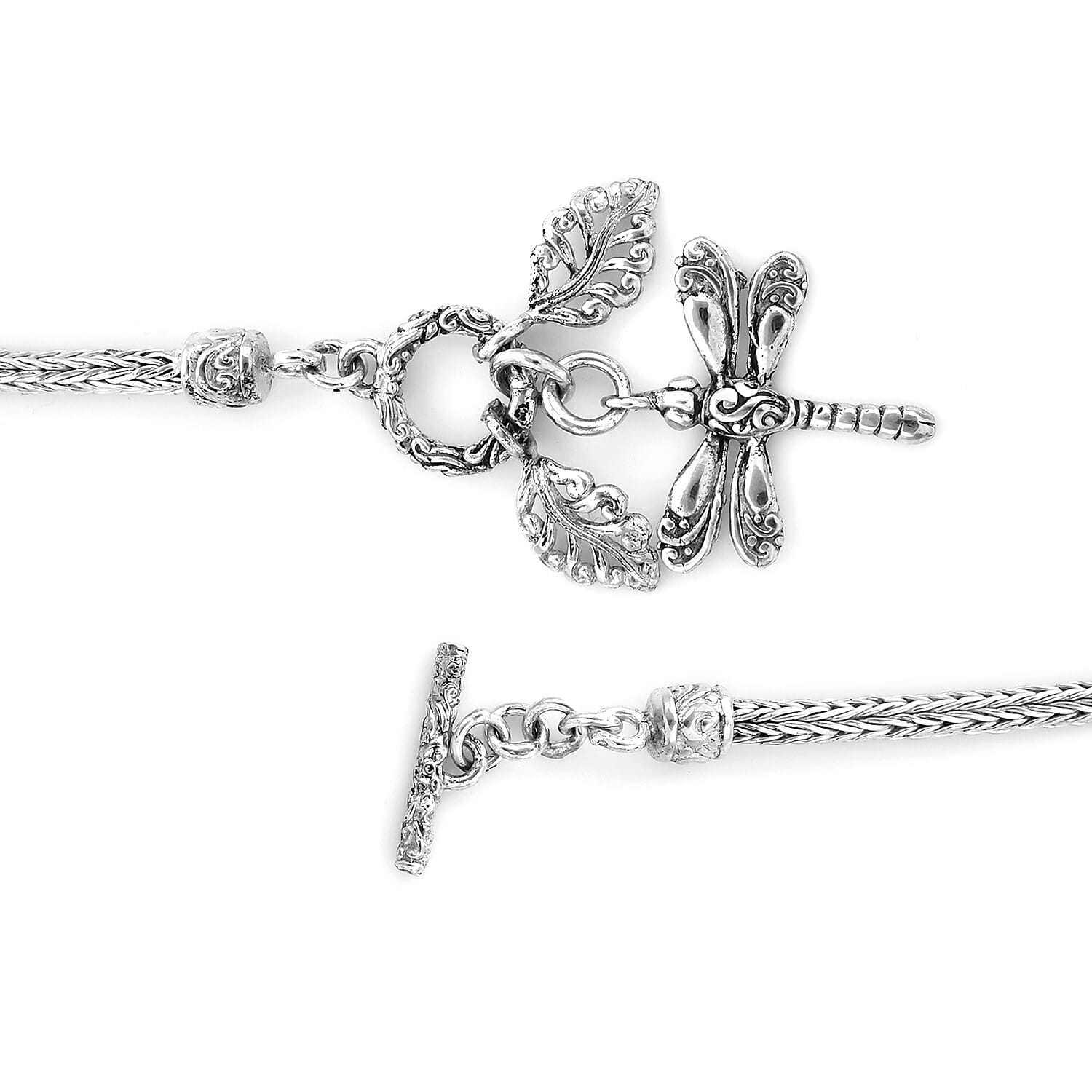 Royal Bali Collection - Sterling Silver Tulang Naga Bracelet (Size 7.5) with Leaves and Dragonfly Charm, Silver wt 9.41 Gms
