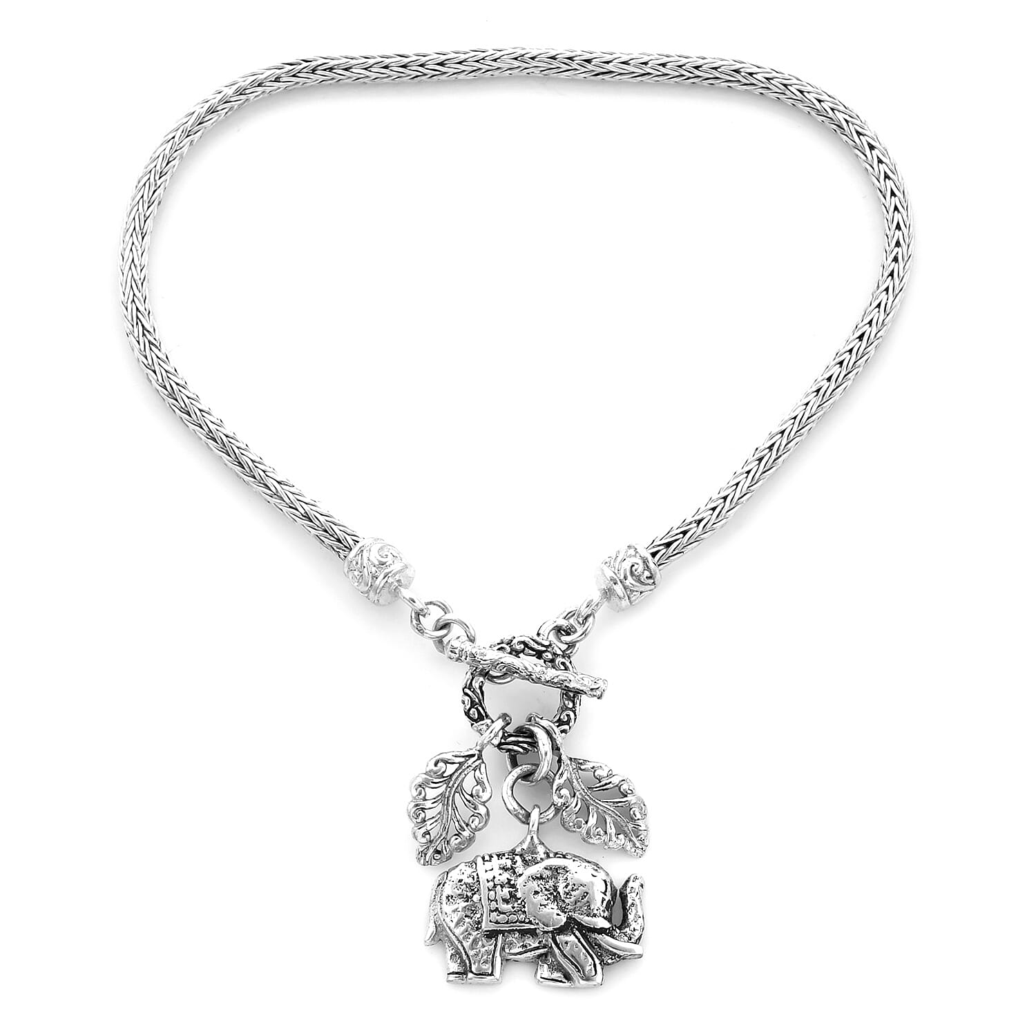 Royal Bali Collection - Sterling Silver Tulang Naga Bracelet (Size 7.5) with Leaves and Elephant Charm, Silver wt 11.77 Gms